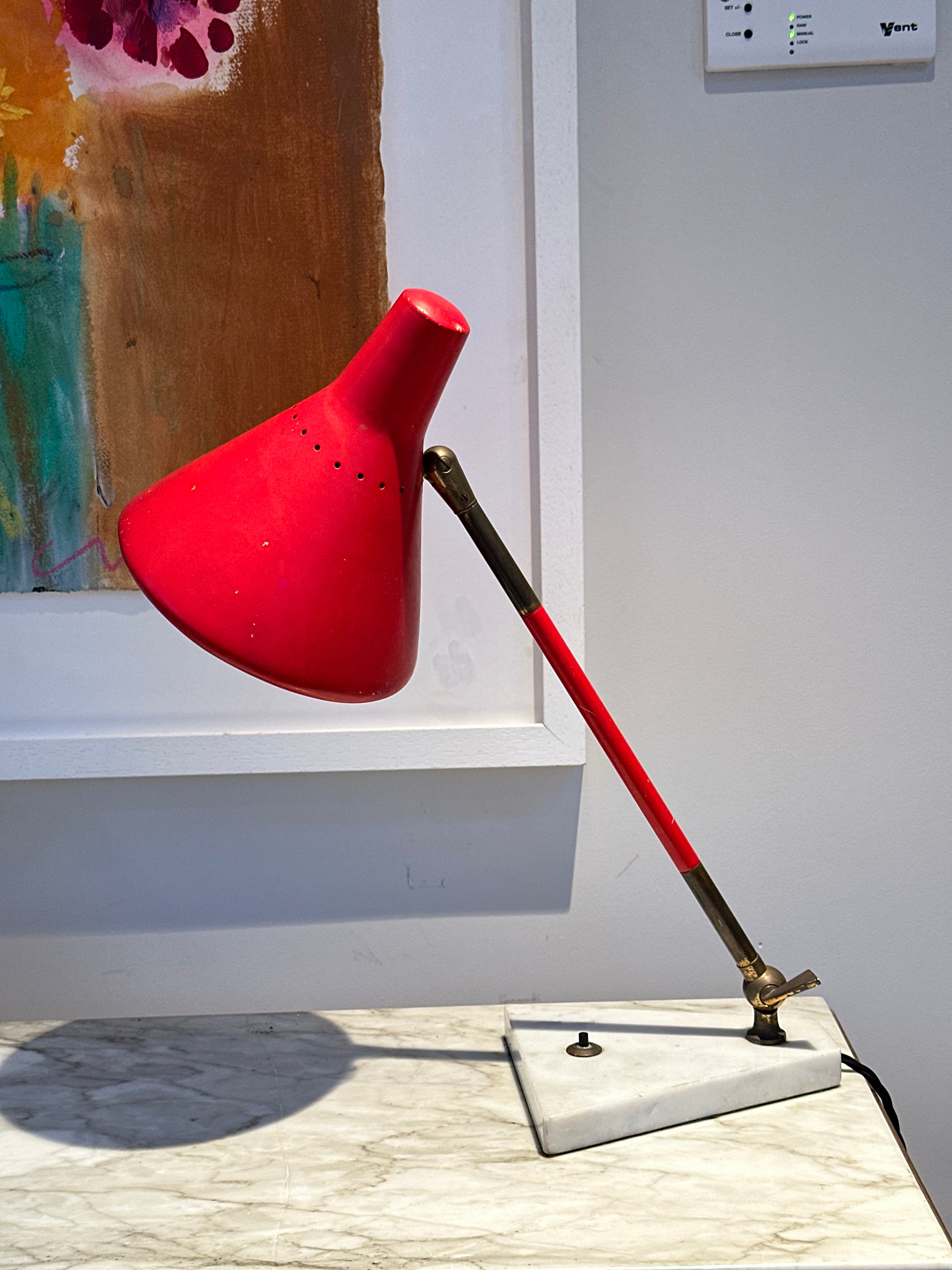 Italian Mid Century Red Desk Lamp with White Marble Base