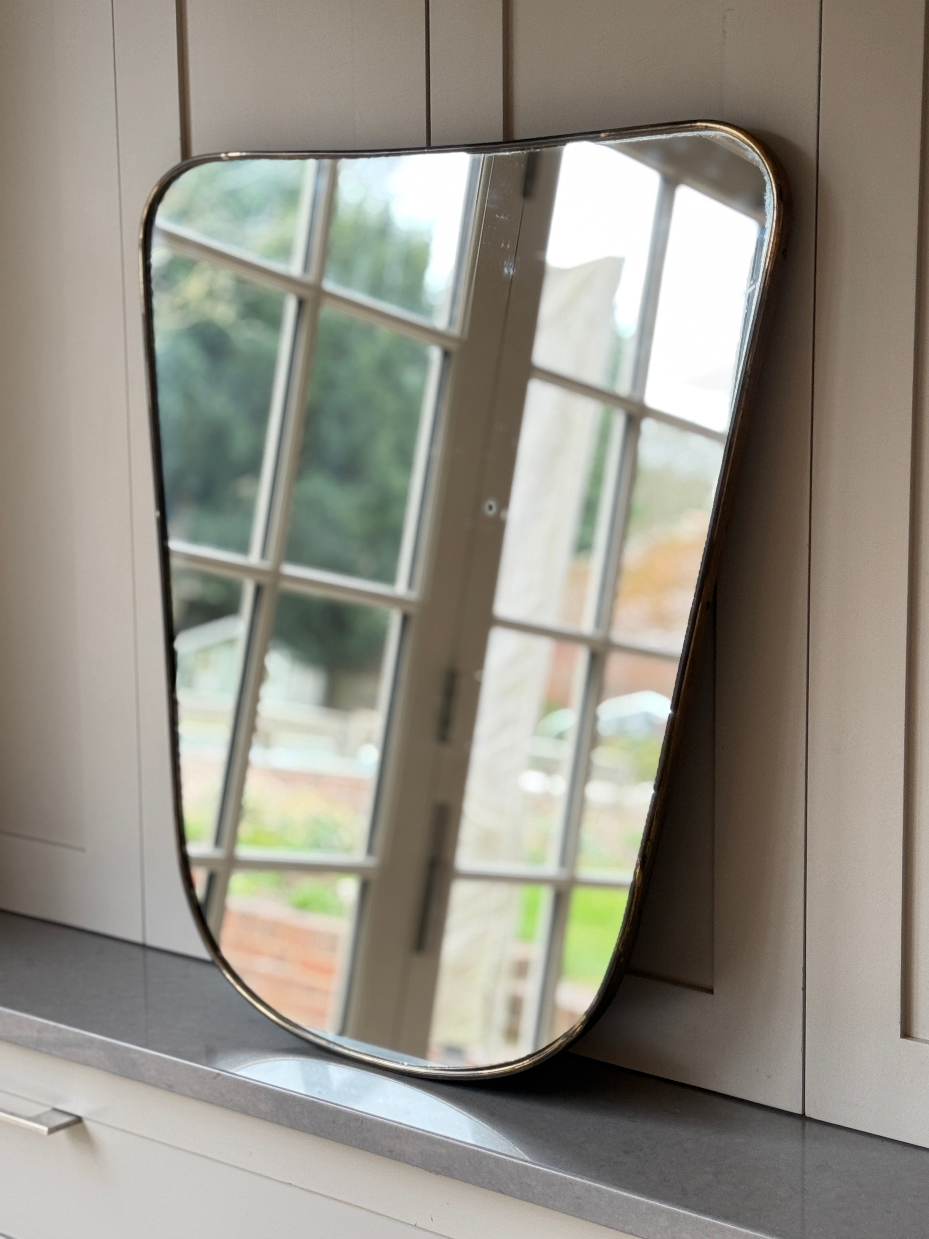 Italian 1950s Brass Shield Mirror (69cm by 58cm)