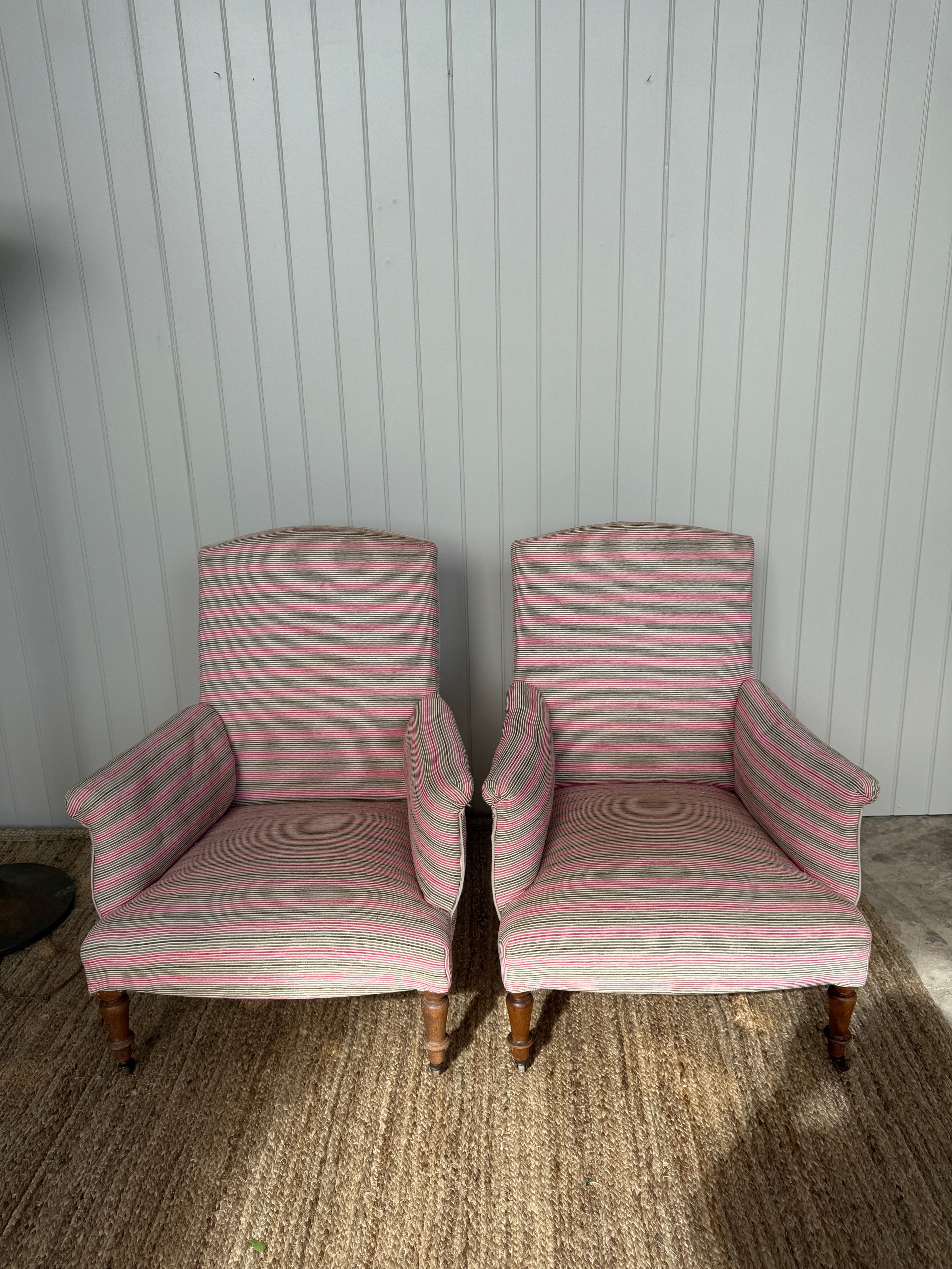 Tall Pair of French Squareback Chairs in a stripy fabric