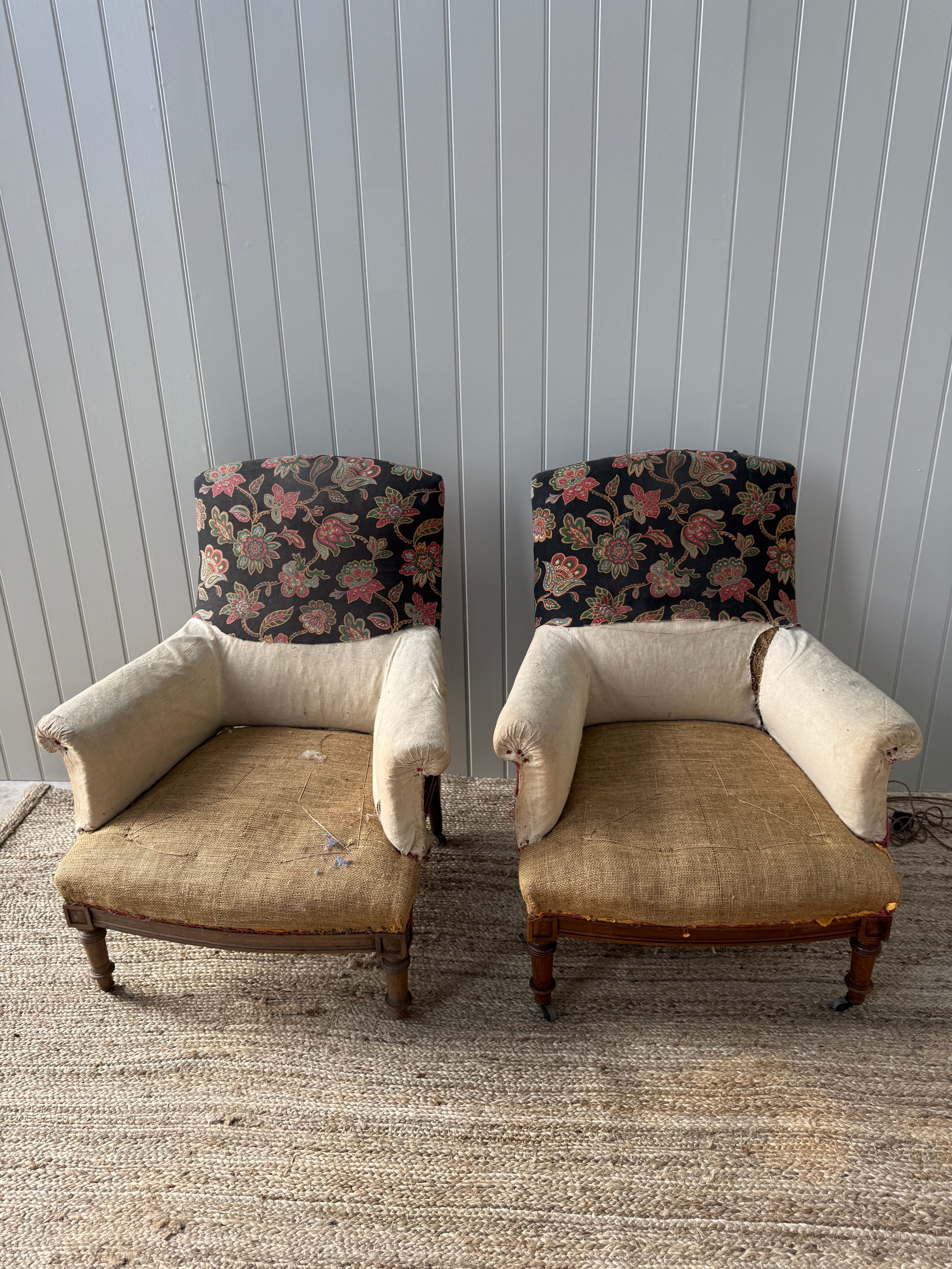 Pair of French Squareback Armchairs in Calico and Floral