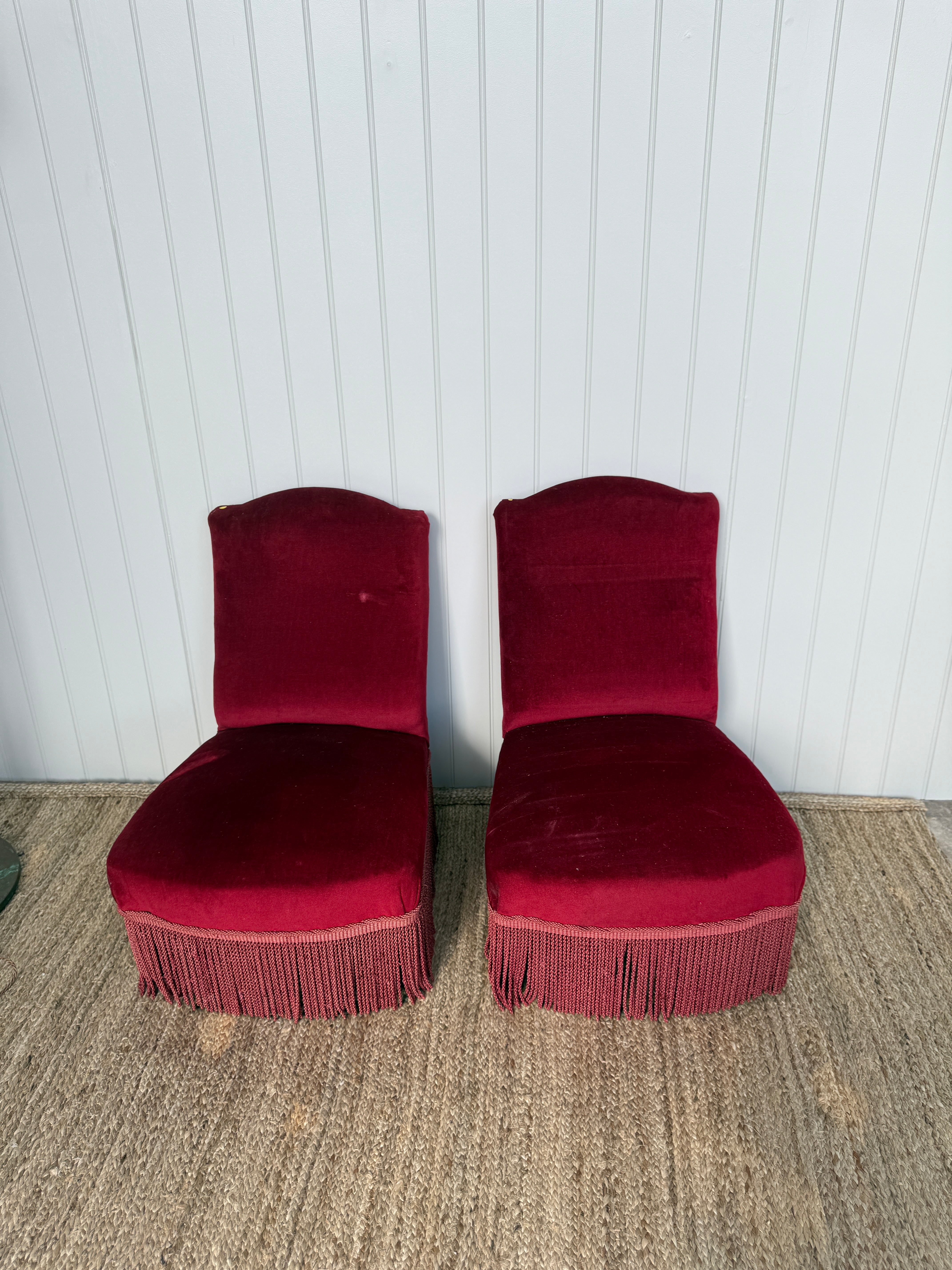 Pair of Large French Slipper Chairs in Red Velvet