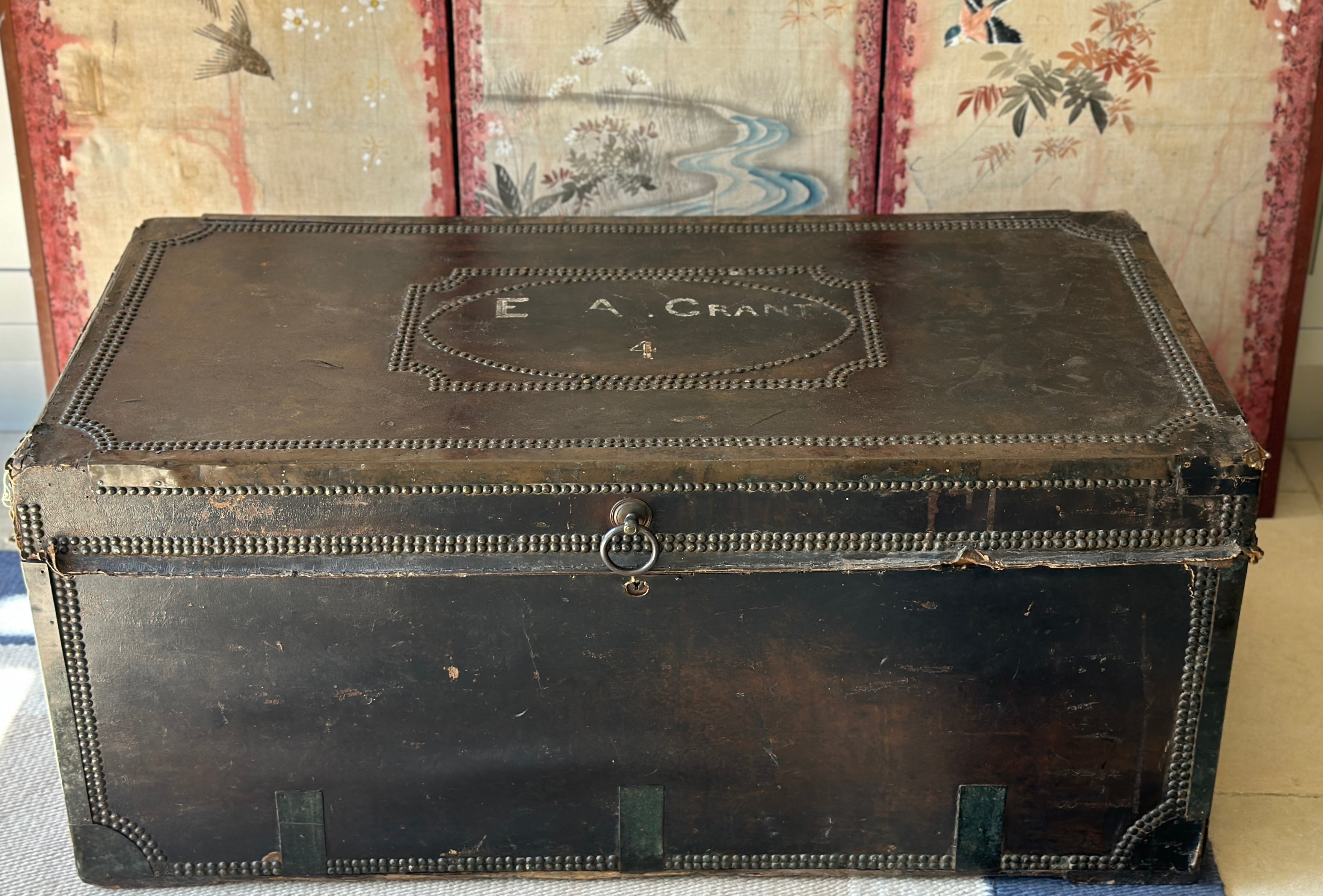 Rare 19th Century large leather & camphor wood campaign chest
