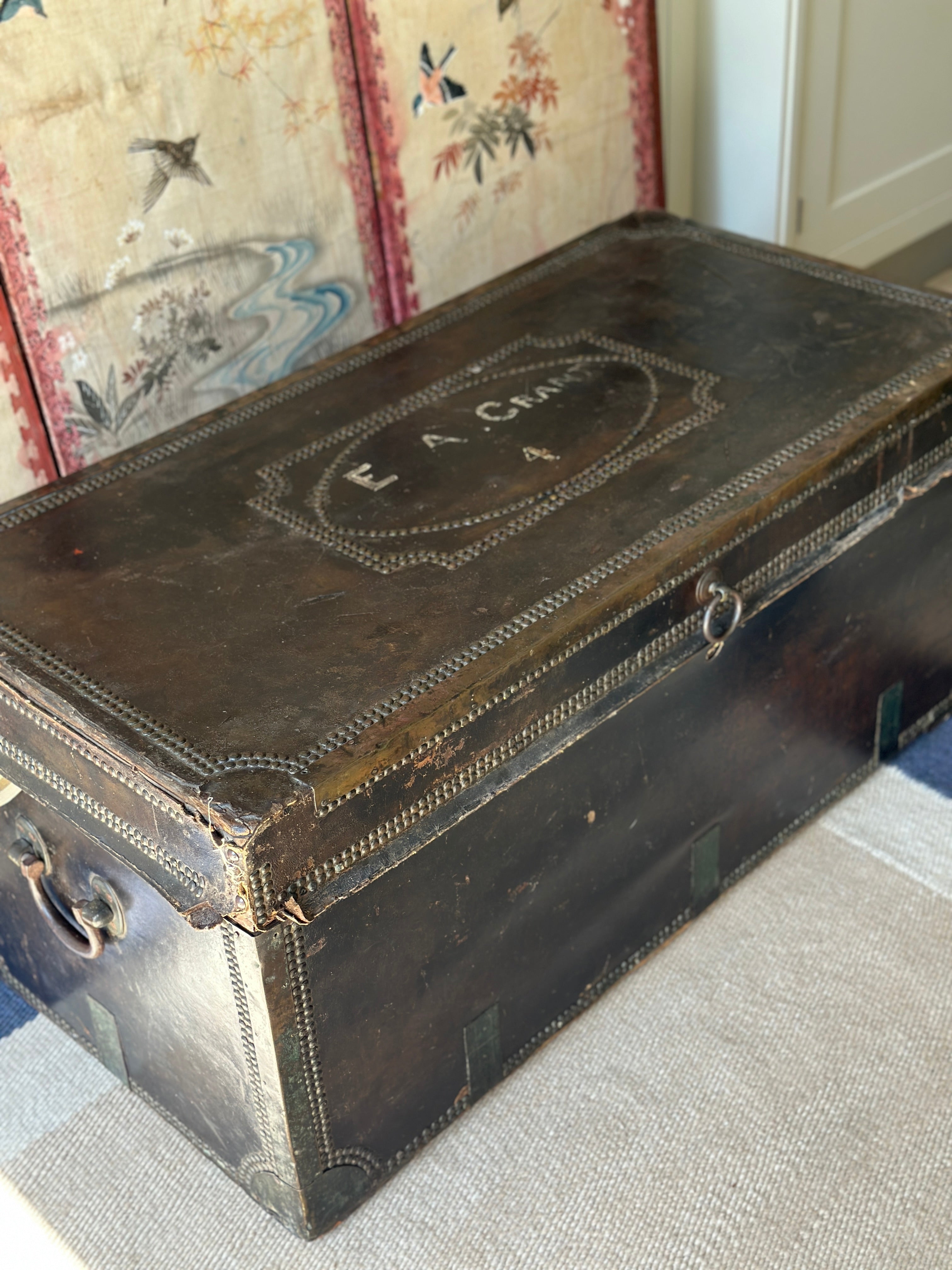 Rare 19th Century large leather & camphor wood campaign chest
