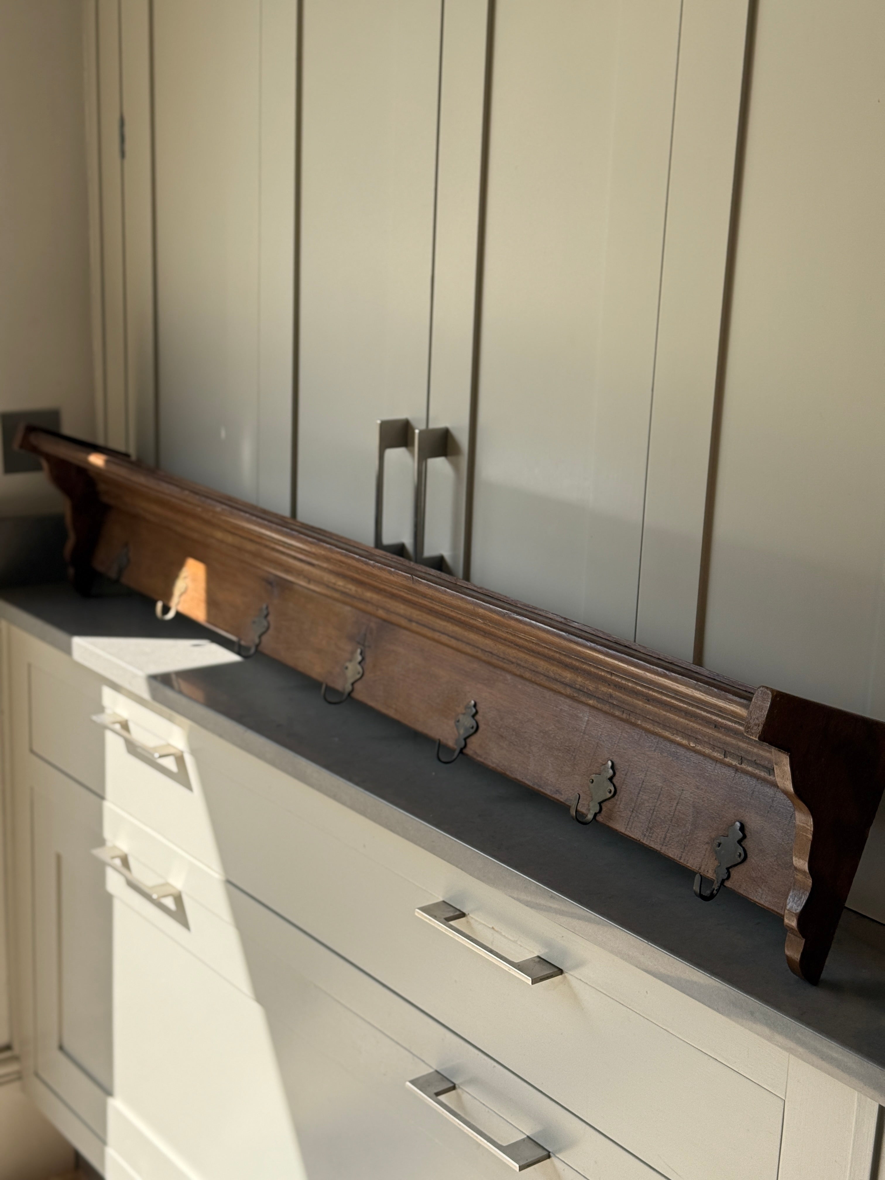 Long French Oak Coat Rack and Shelf