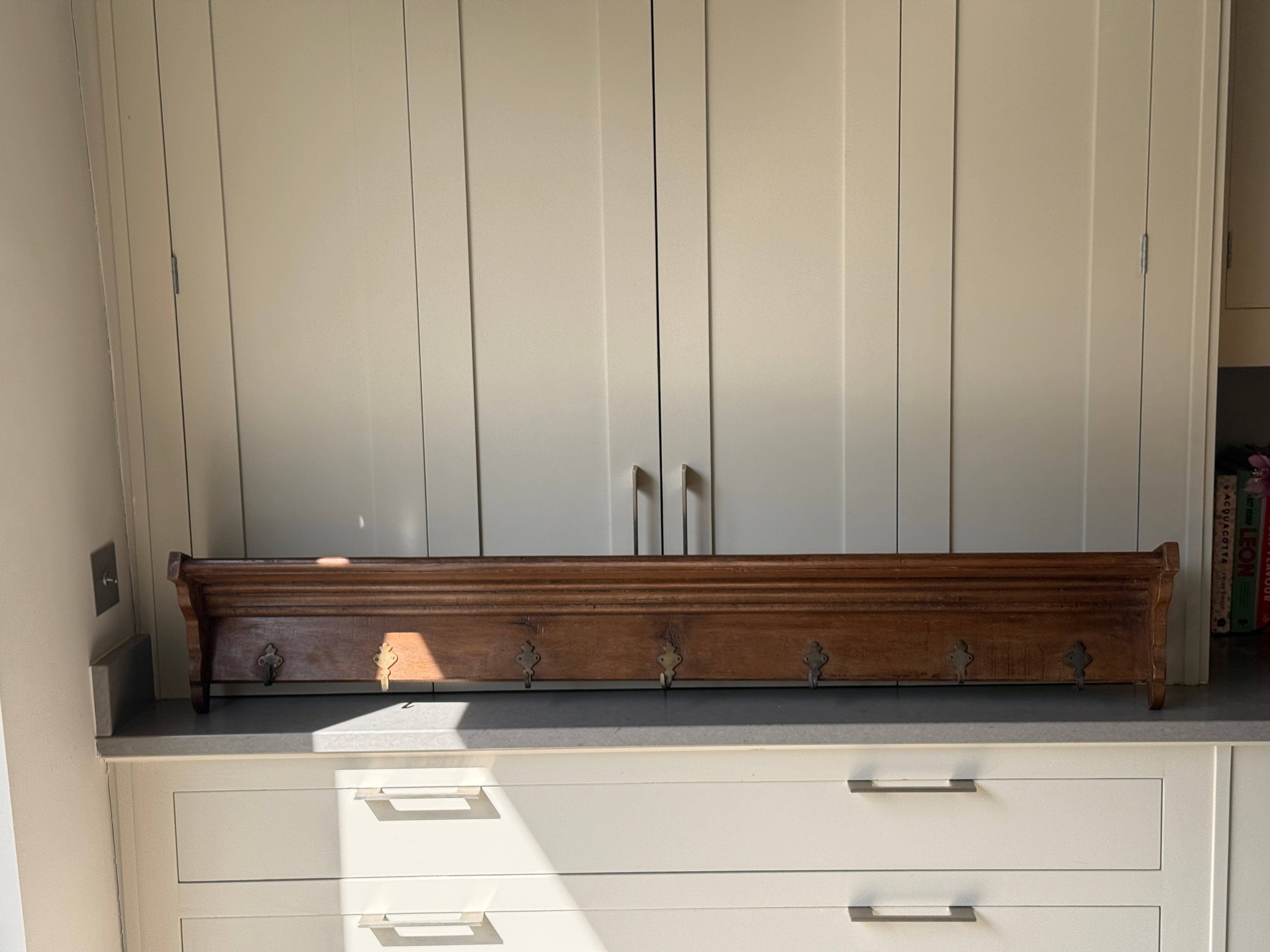 Long French Oak Coat Rack and Shelf