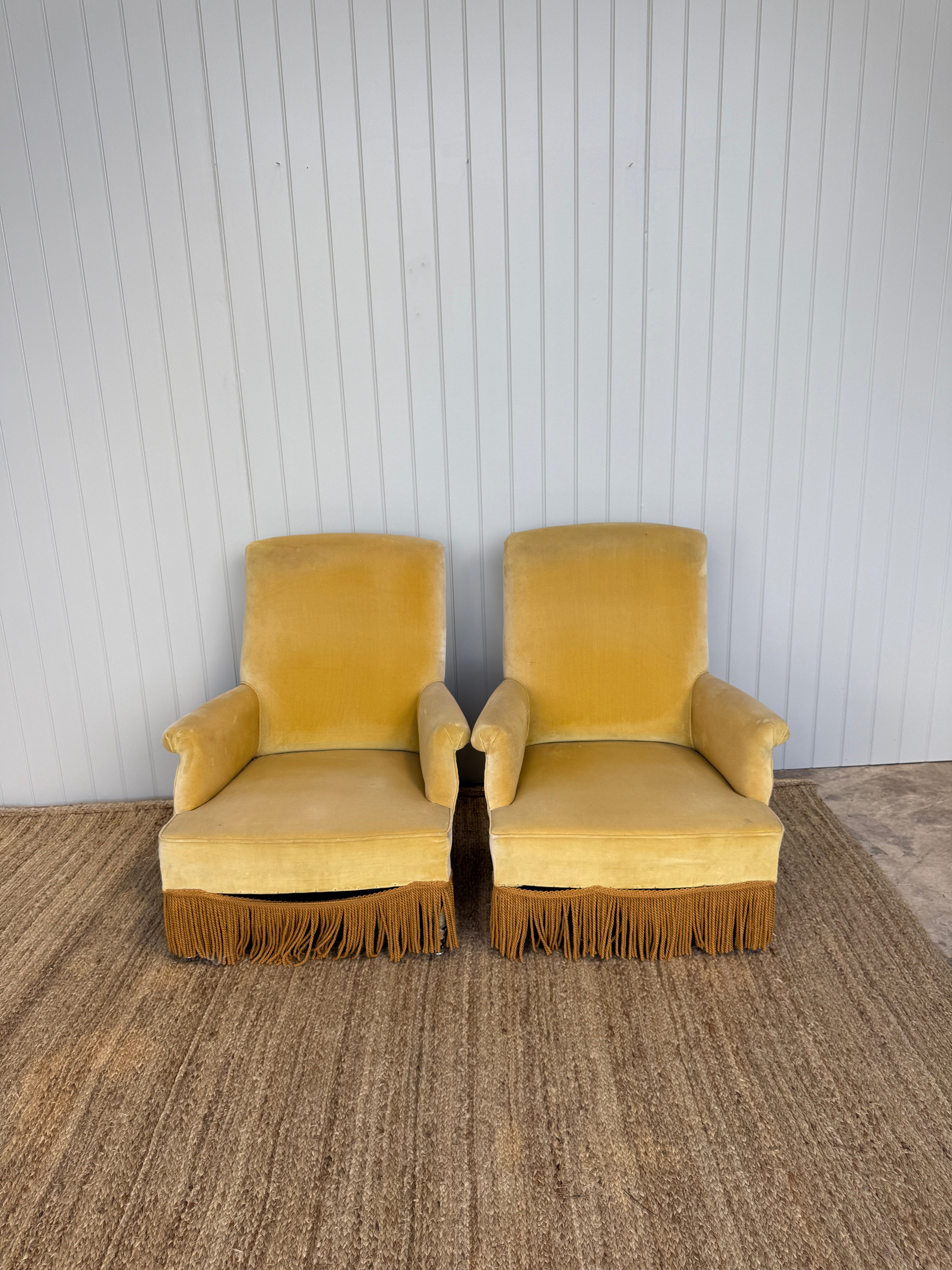 Pair of Large Yellow Velvet Squareback Armchairs