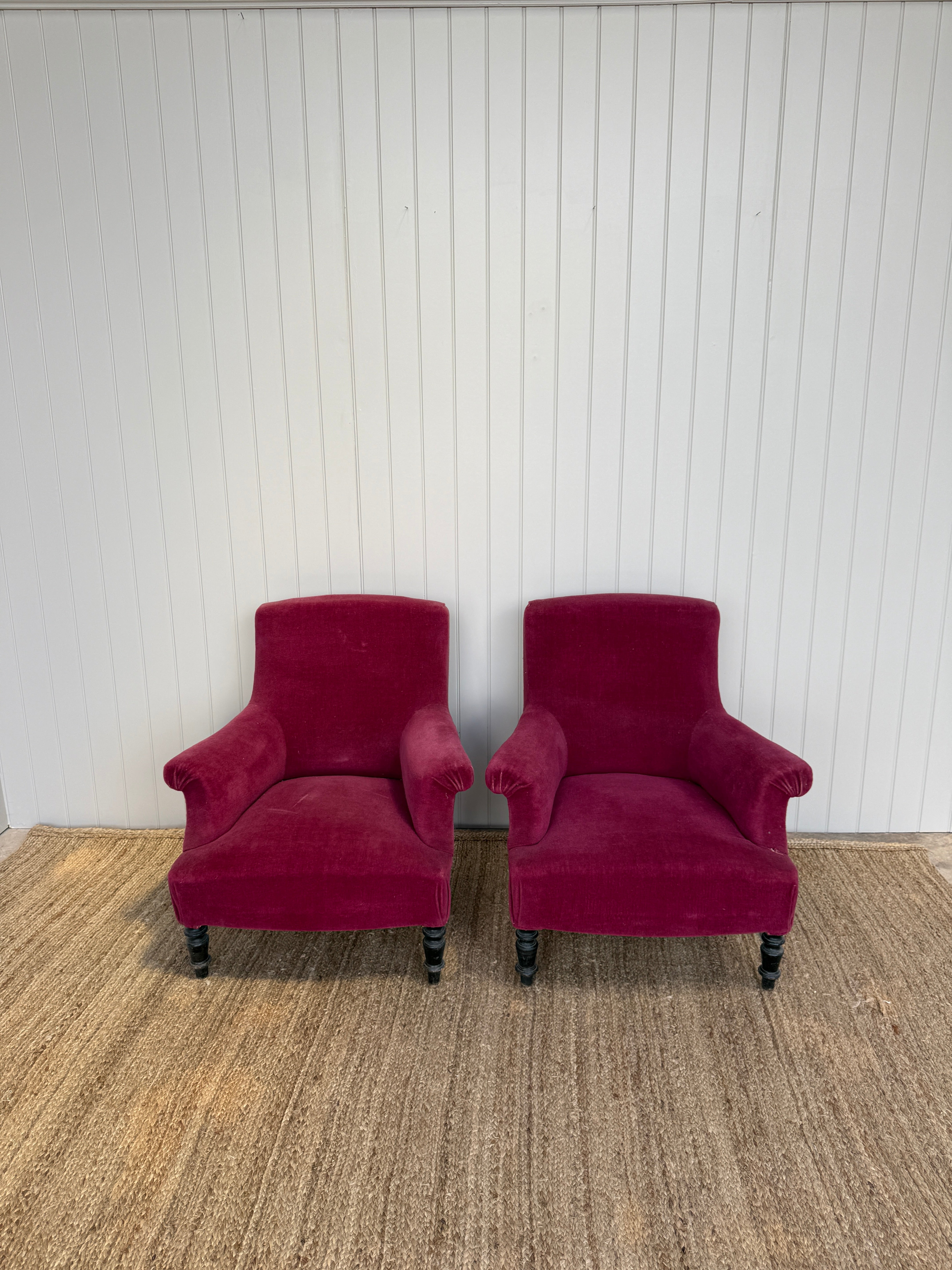 Pair of Square Back Armchairs in Burgundy Velvet