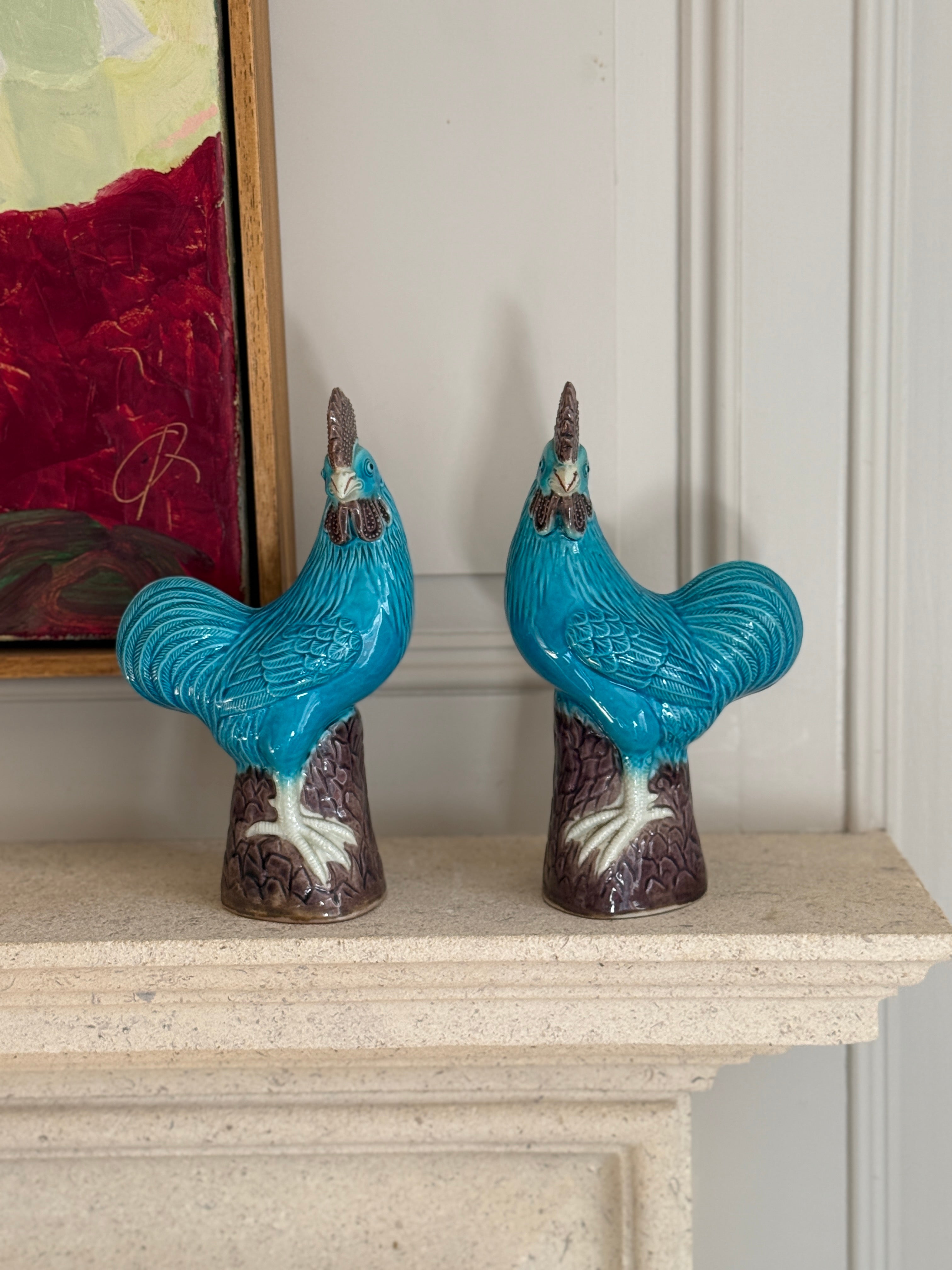 Pair of Chinese Turquoise Cockerals