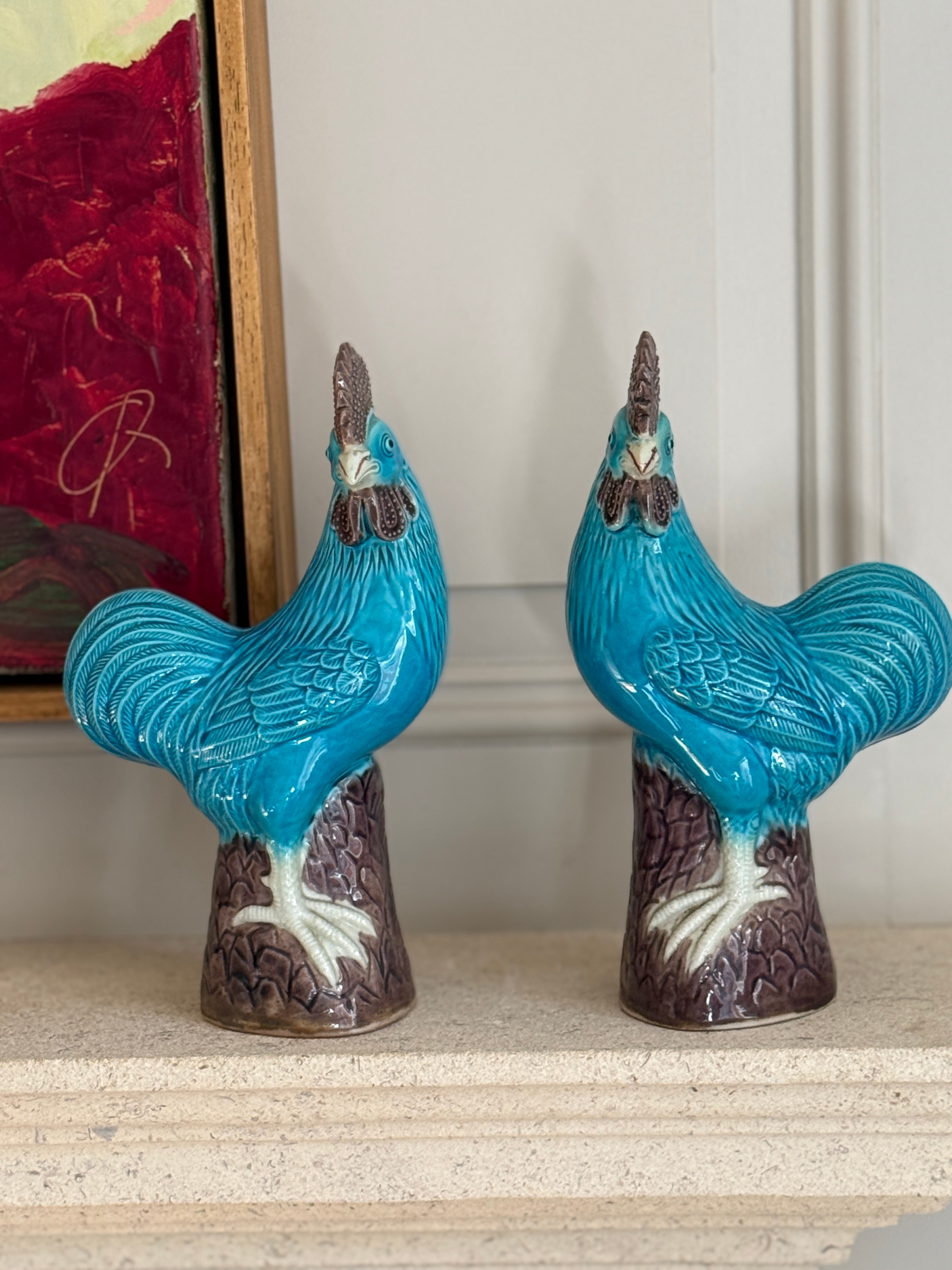 Pair of Chinese Turquoise Cockerals