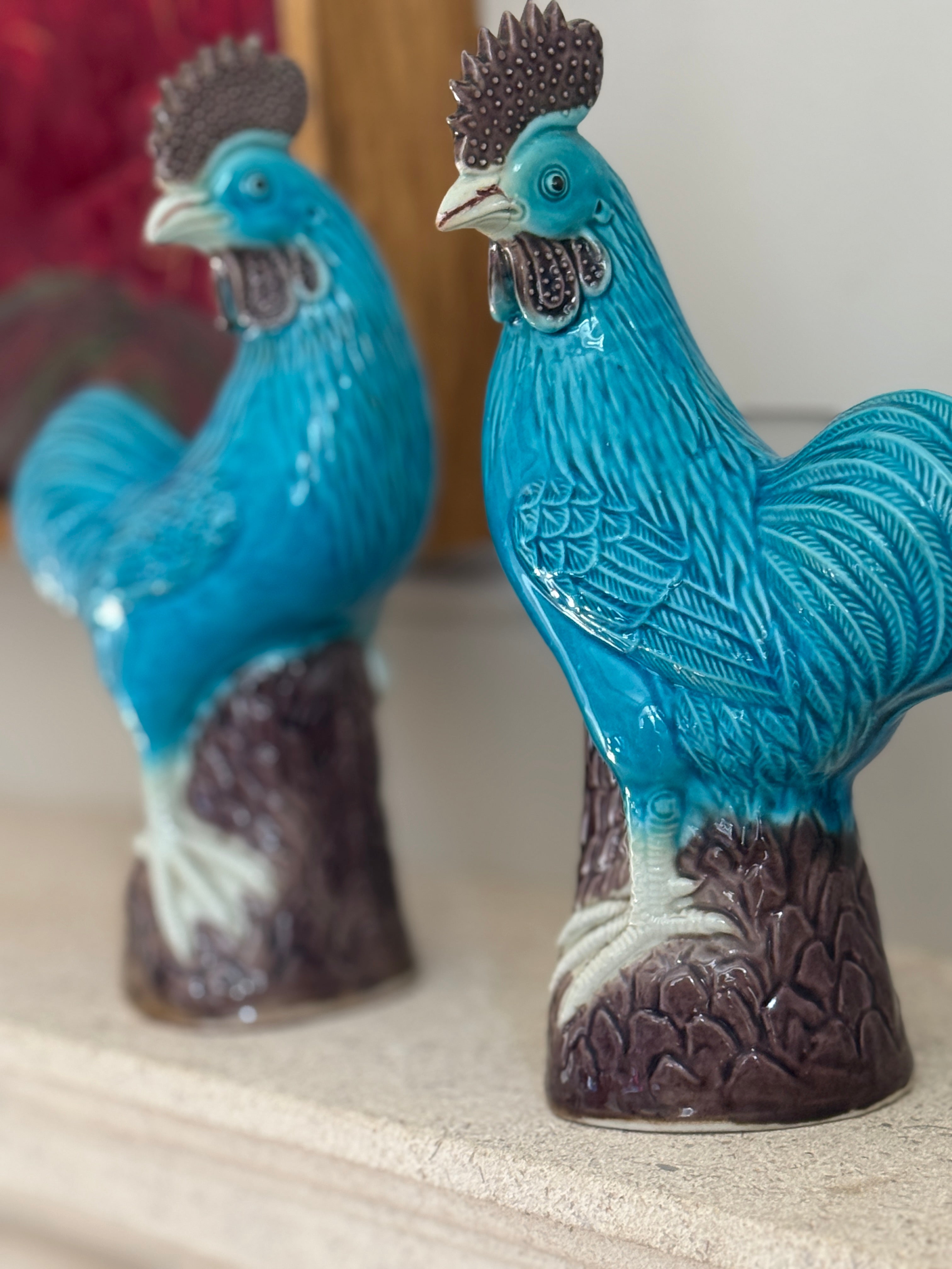 Pair of Chinese Turquoise Cockerals