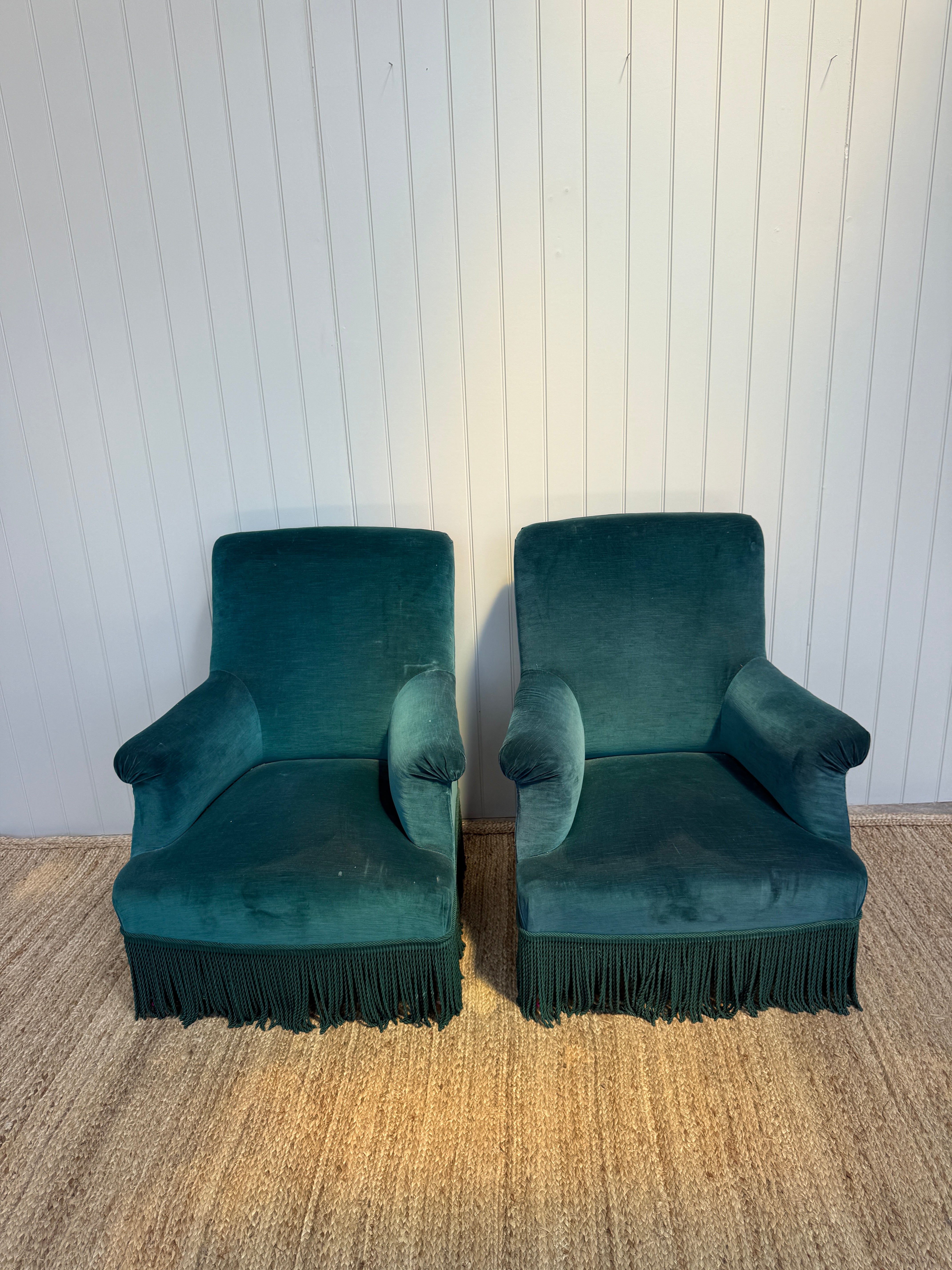 Pair of Large Square Back Armchairs in Turquoise Velvet