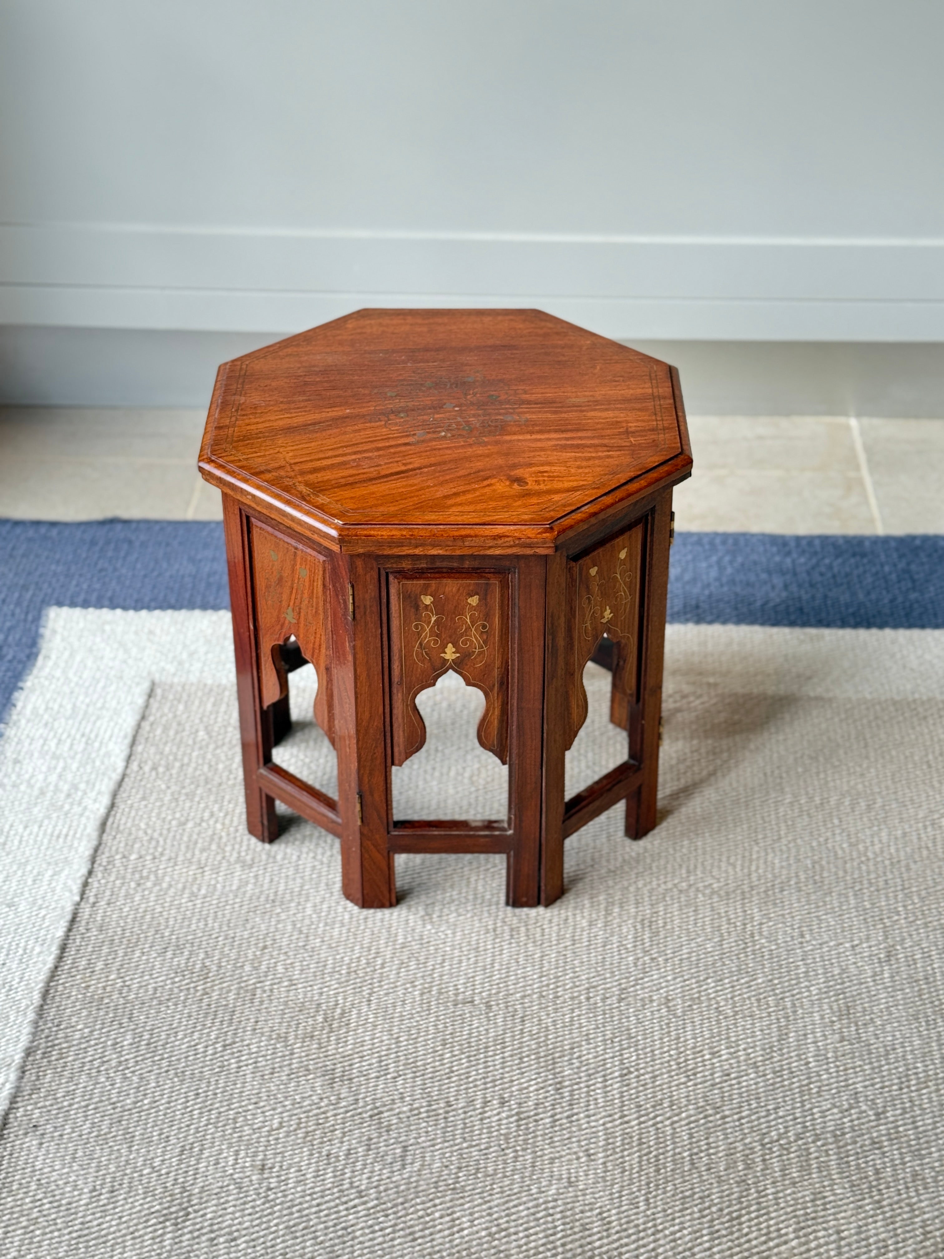 Small Indian Octagonal Table with Brass Inlay
