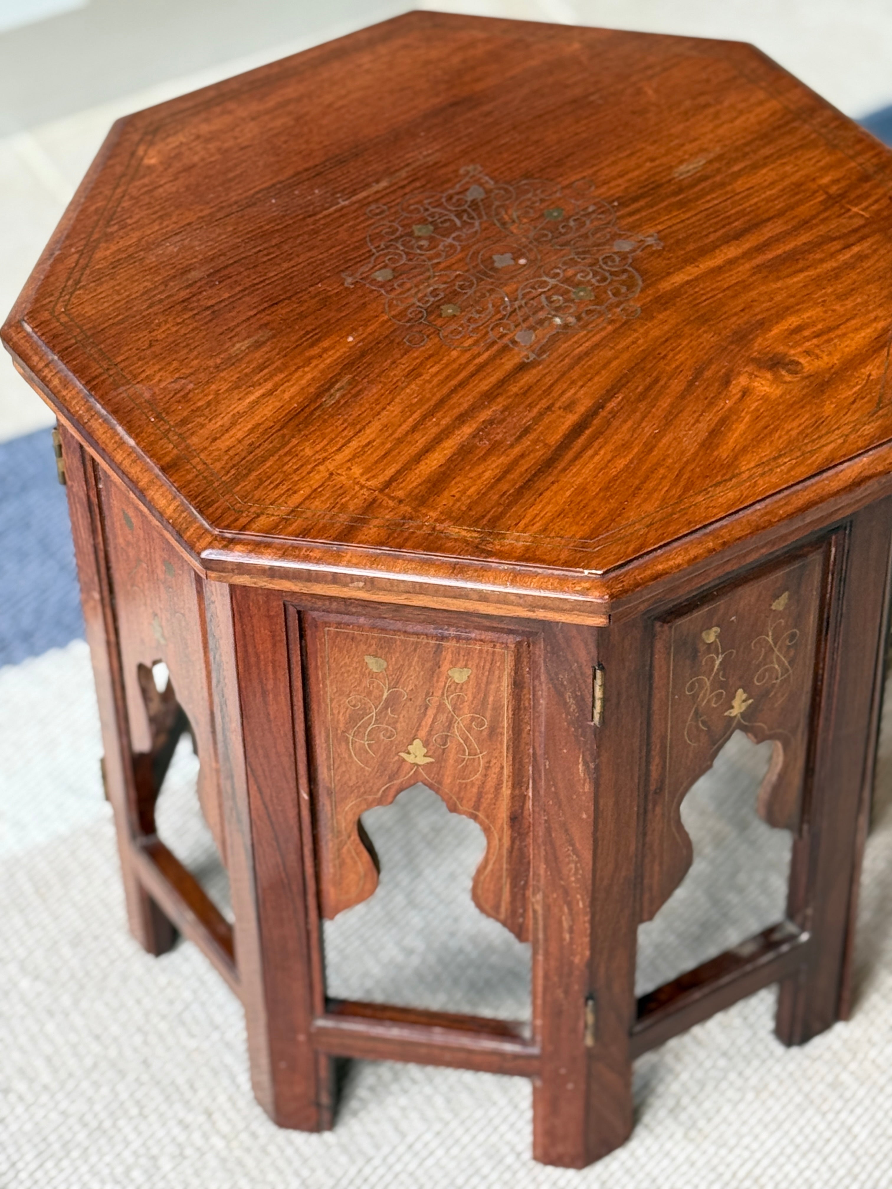 Small Indian Octagonal Table with Brass Inlay