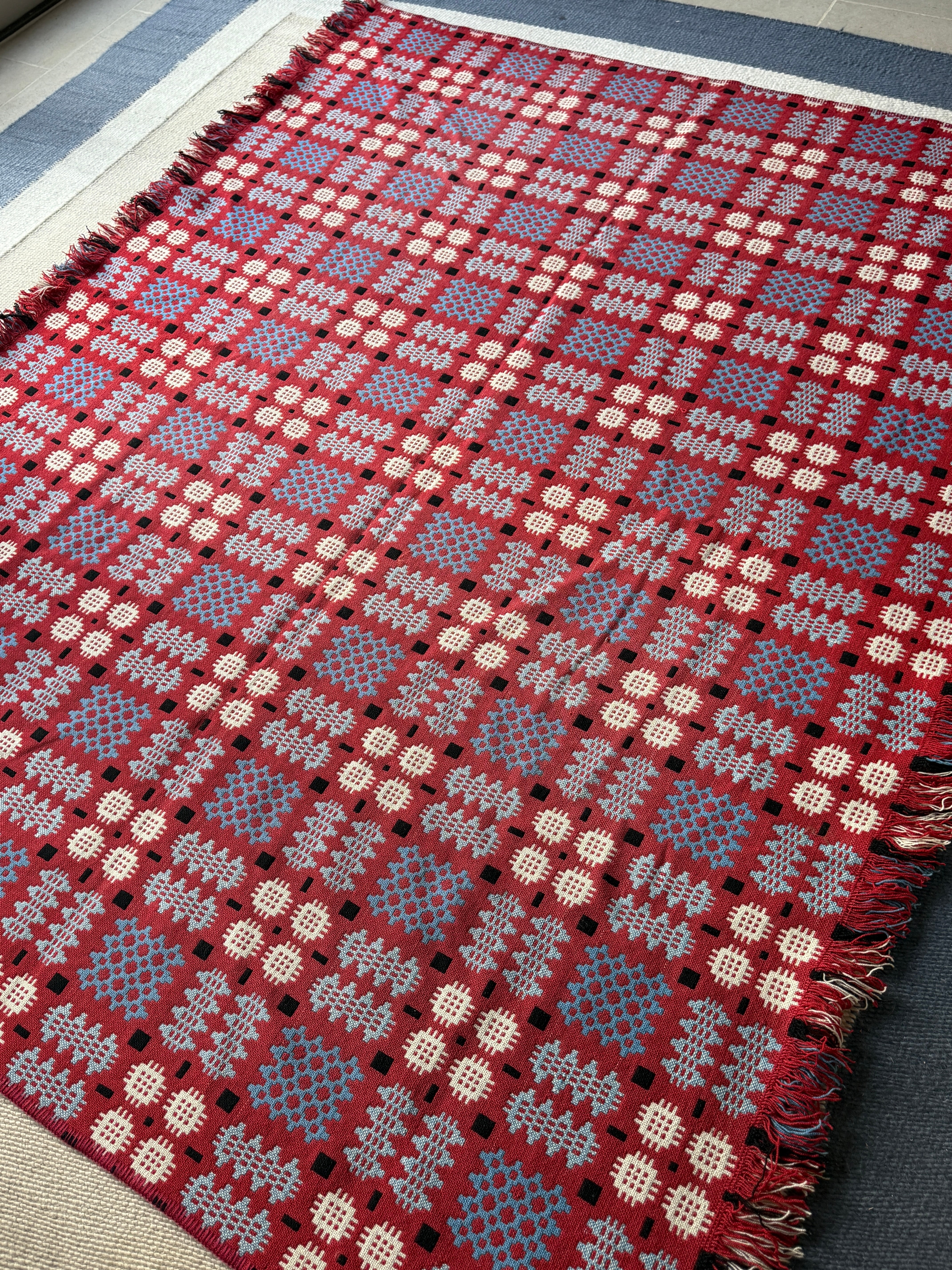 Large Welsh Blanket in Reds and Blues (221cm by 185cm)