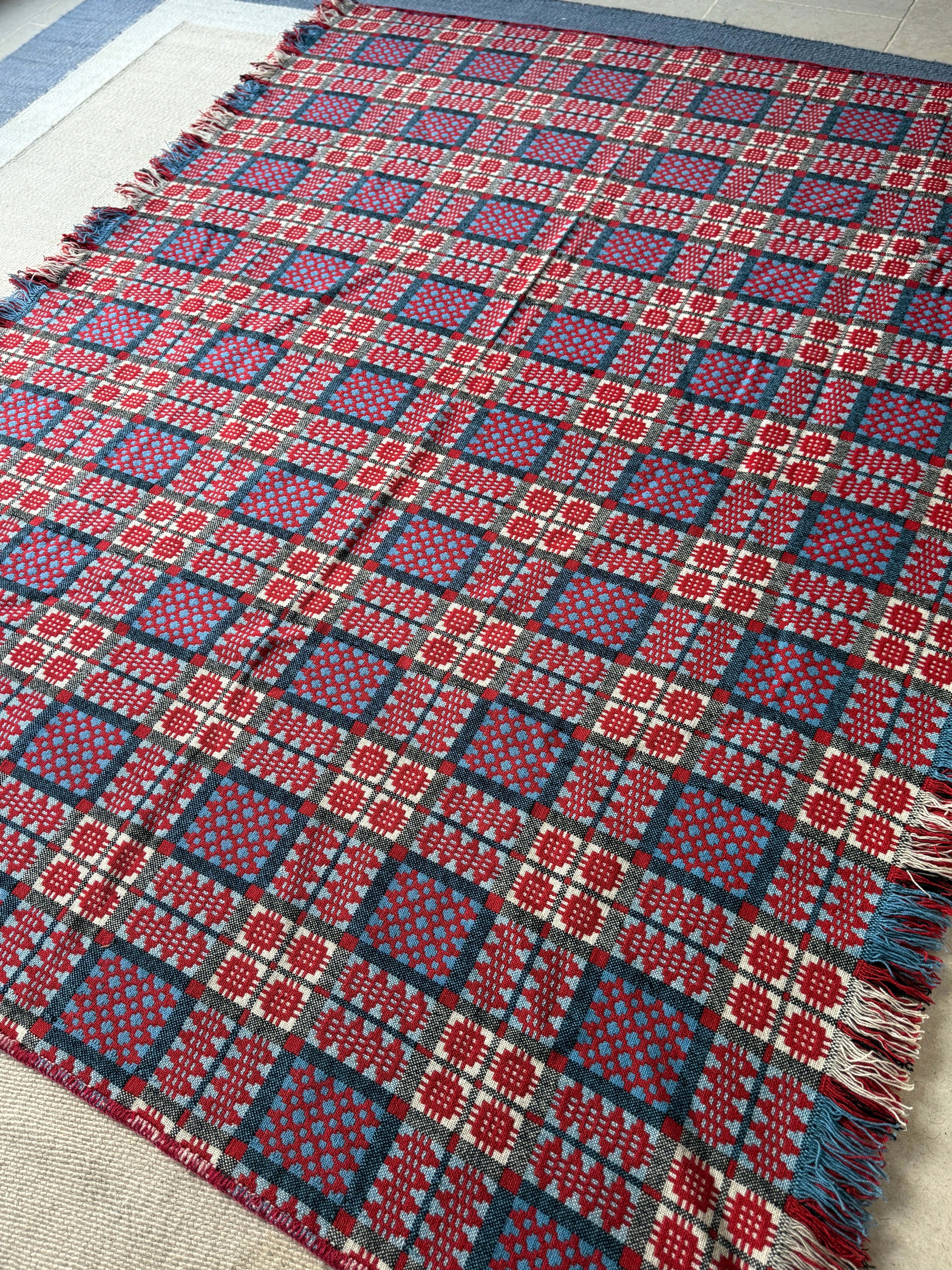 Large Welsh Blanket in Reds and Blues (221cm by 185cm)