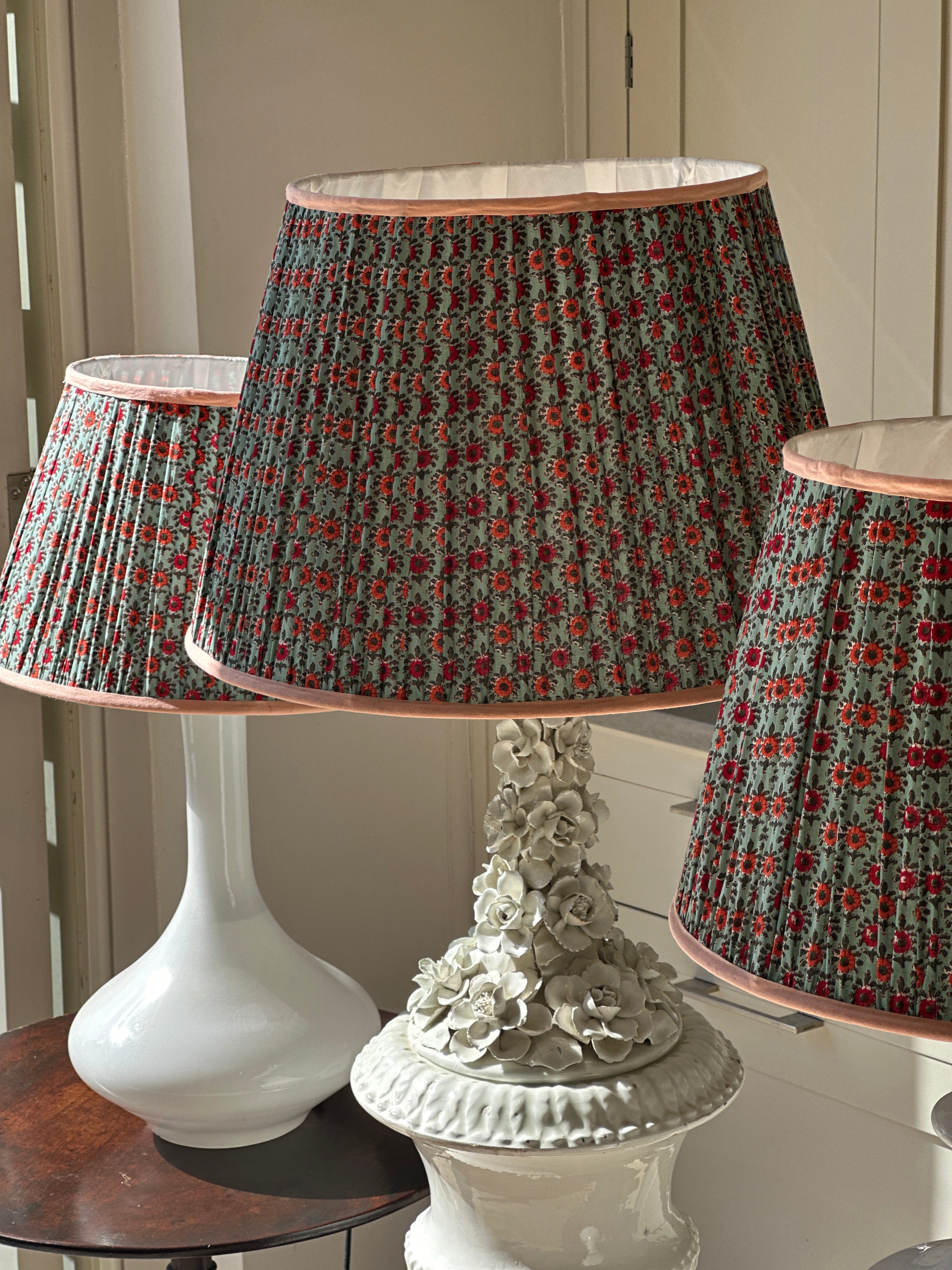 Large Duck Egg Blue Lampshade with red and orange flowers with orange piping (18 inch)