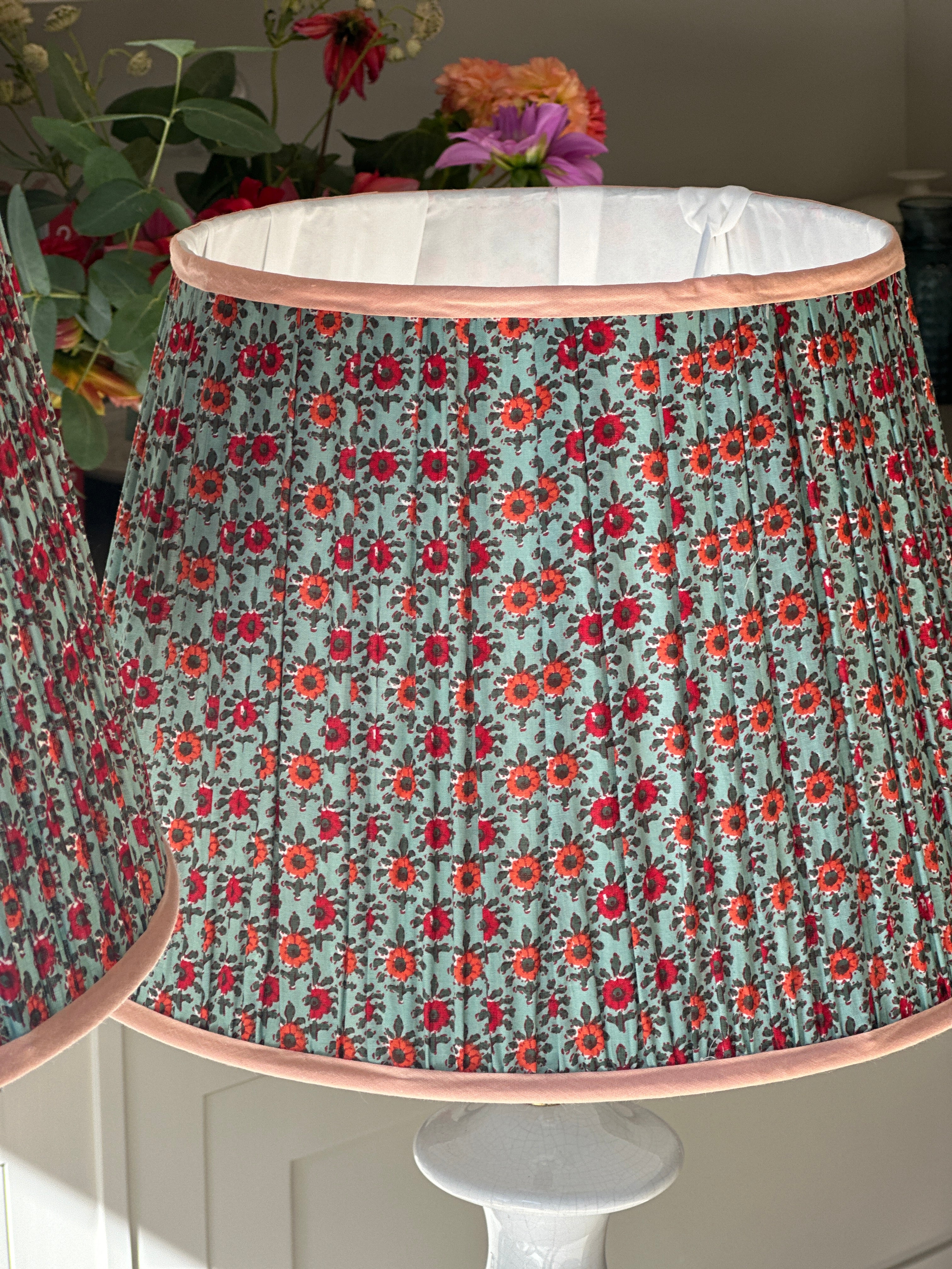 Large Duck Egg Blue Lampshade with red and orange flowers with orange piping (18 inch)