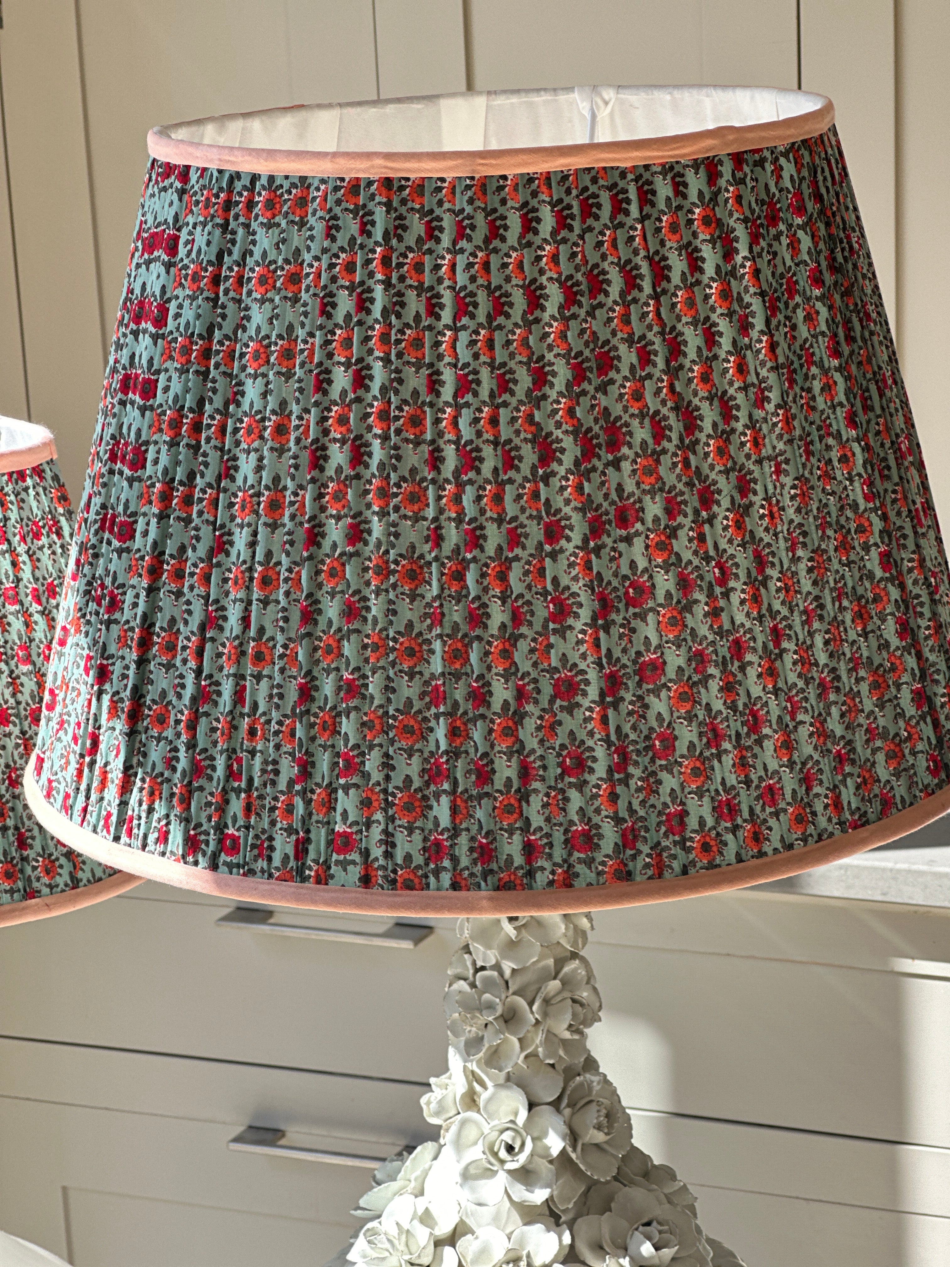 Large Duck Egg Blue Lampshade with red and orange flowers with orange piping (18 inch)