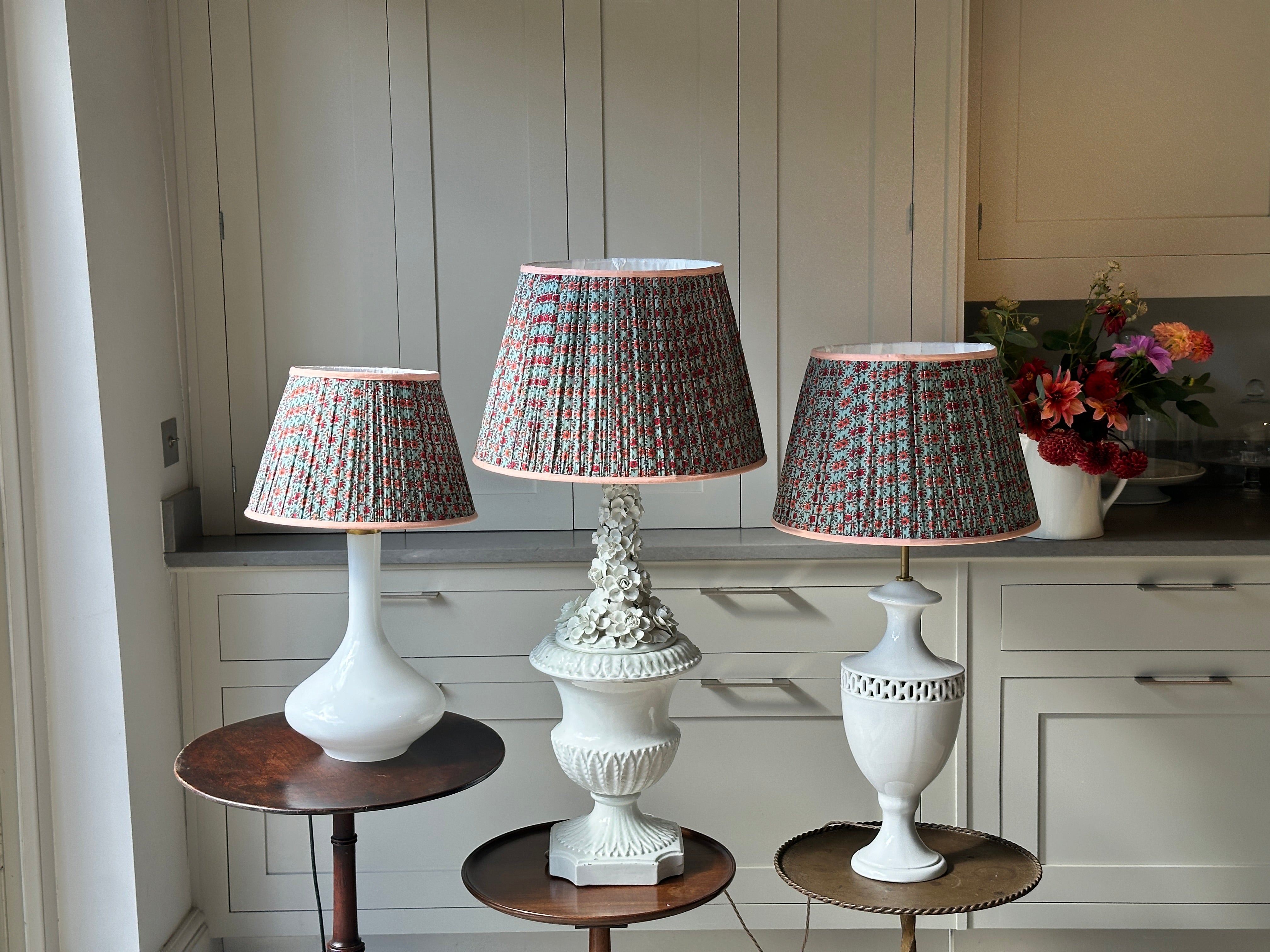 Large Duck Egg Blue Lampshade with red and orange flowers with orange piping (18 inch)