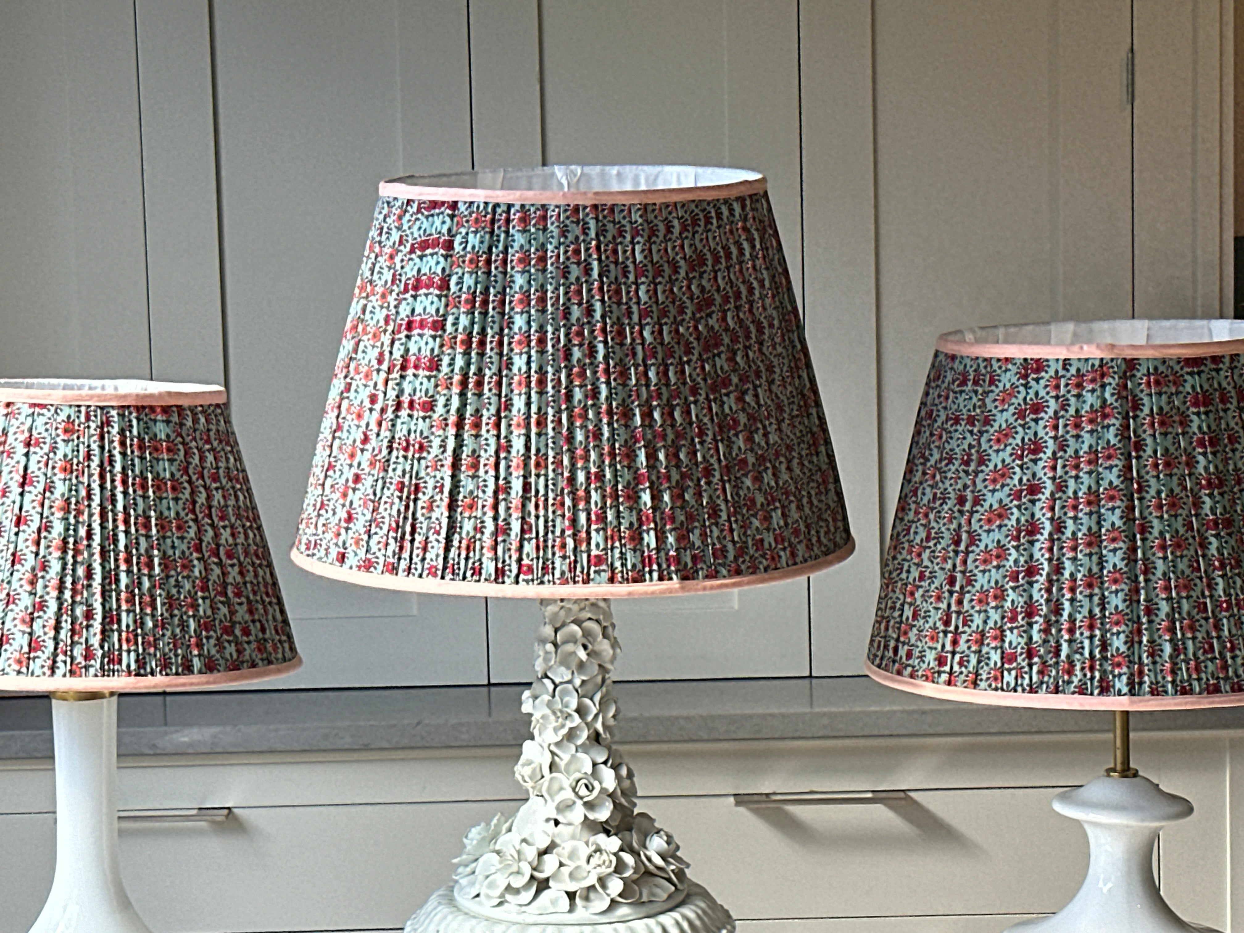Large Duck Egg Blue Lampshade with red and orange flowers with orange piping (18 inch)