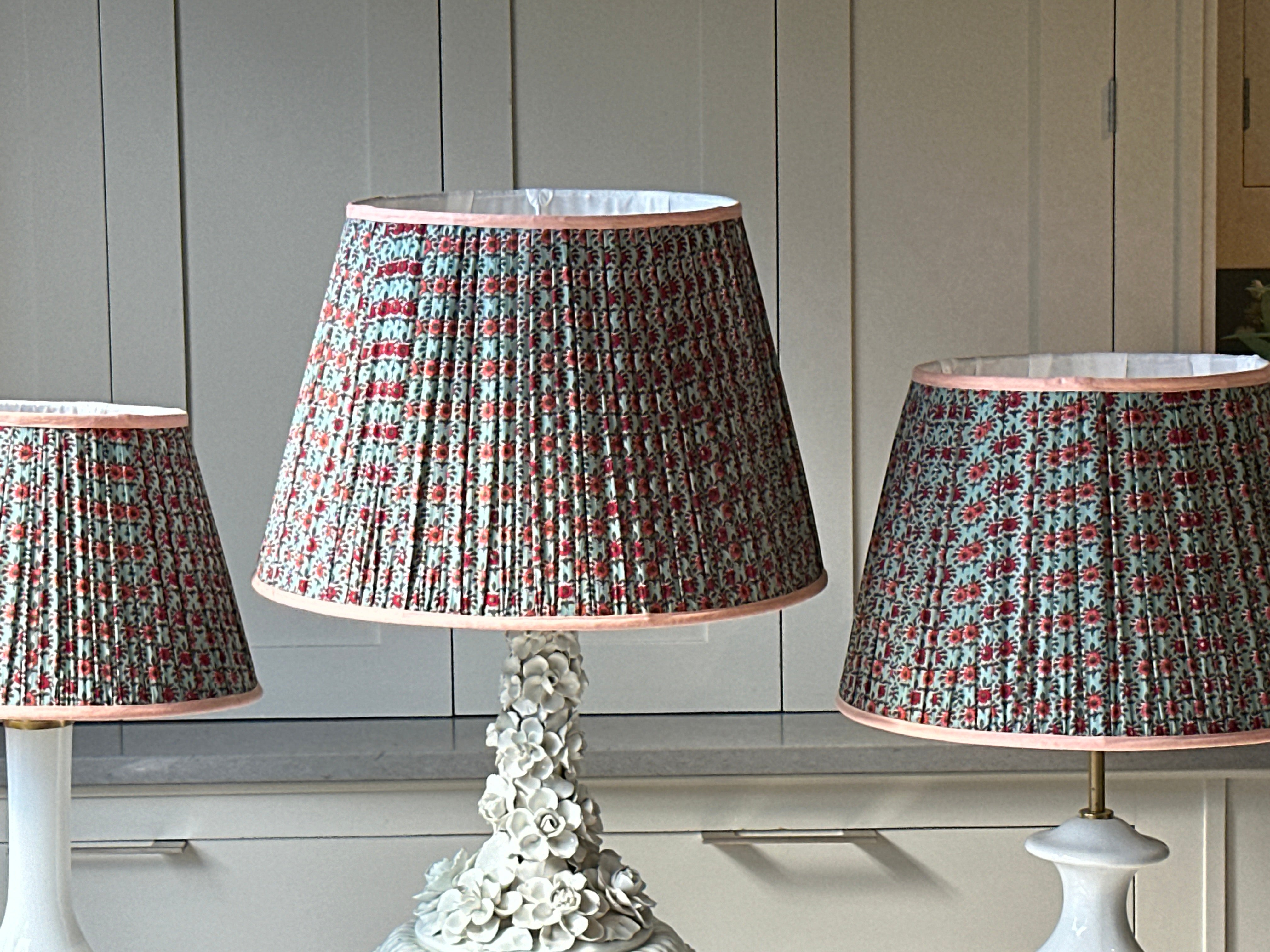 Small Duck Egg Blue Lampshade with red and orange flowers with orange piping (14 inch)
