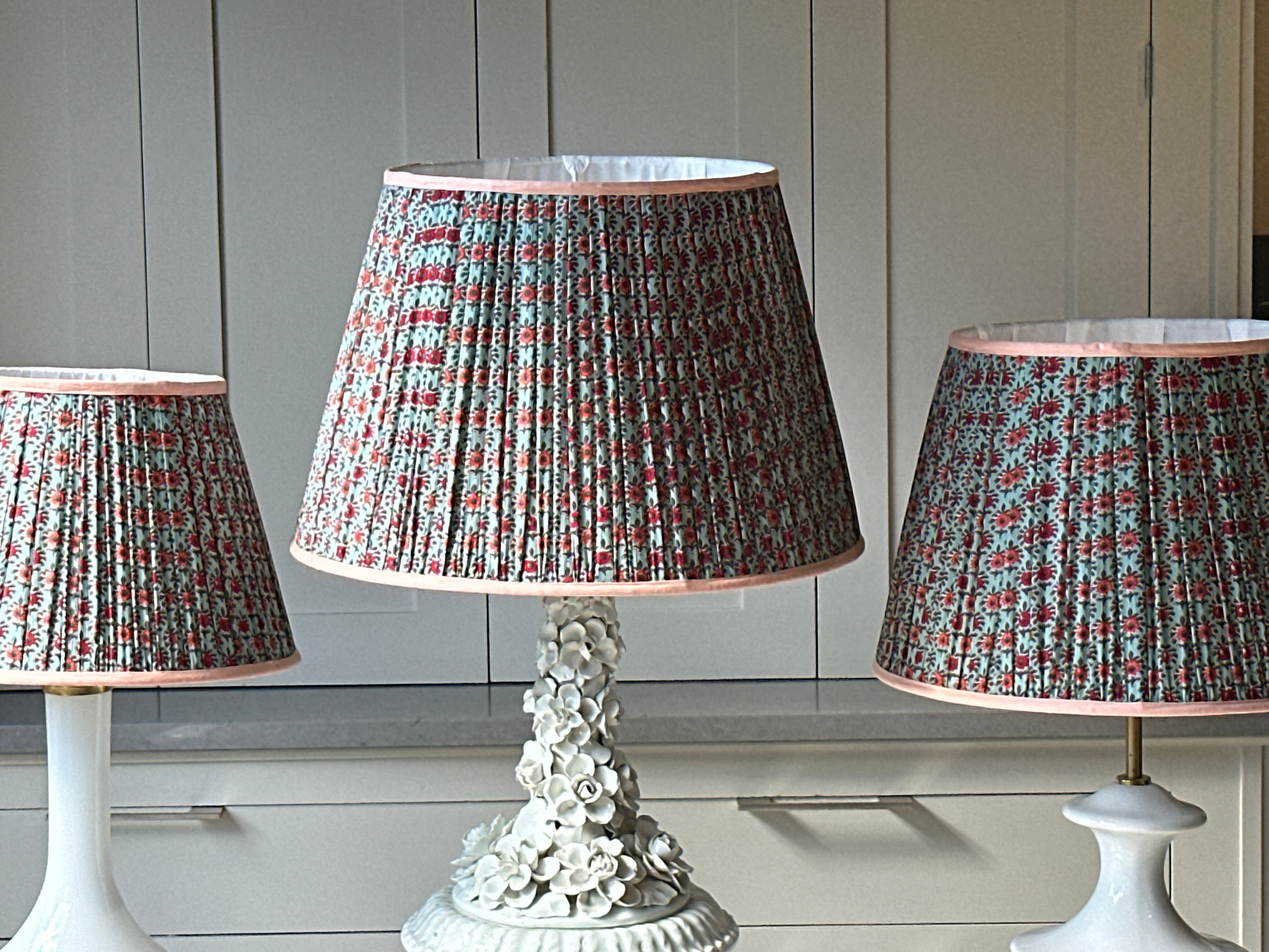 Medium Duck Egg Blue Lampshade with red and orange flowers with orange piping (16 inch)