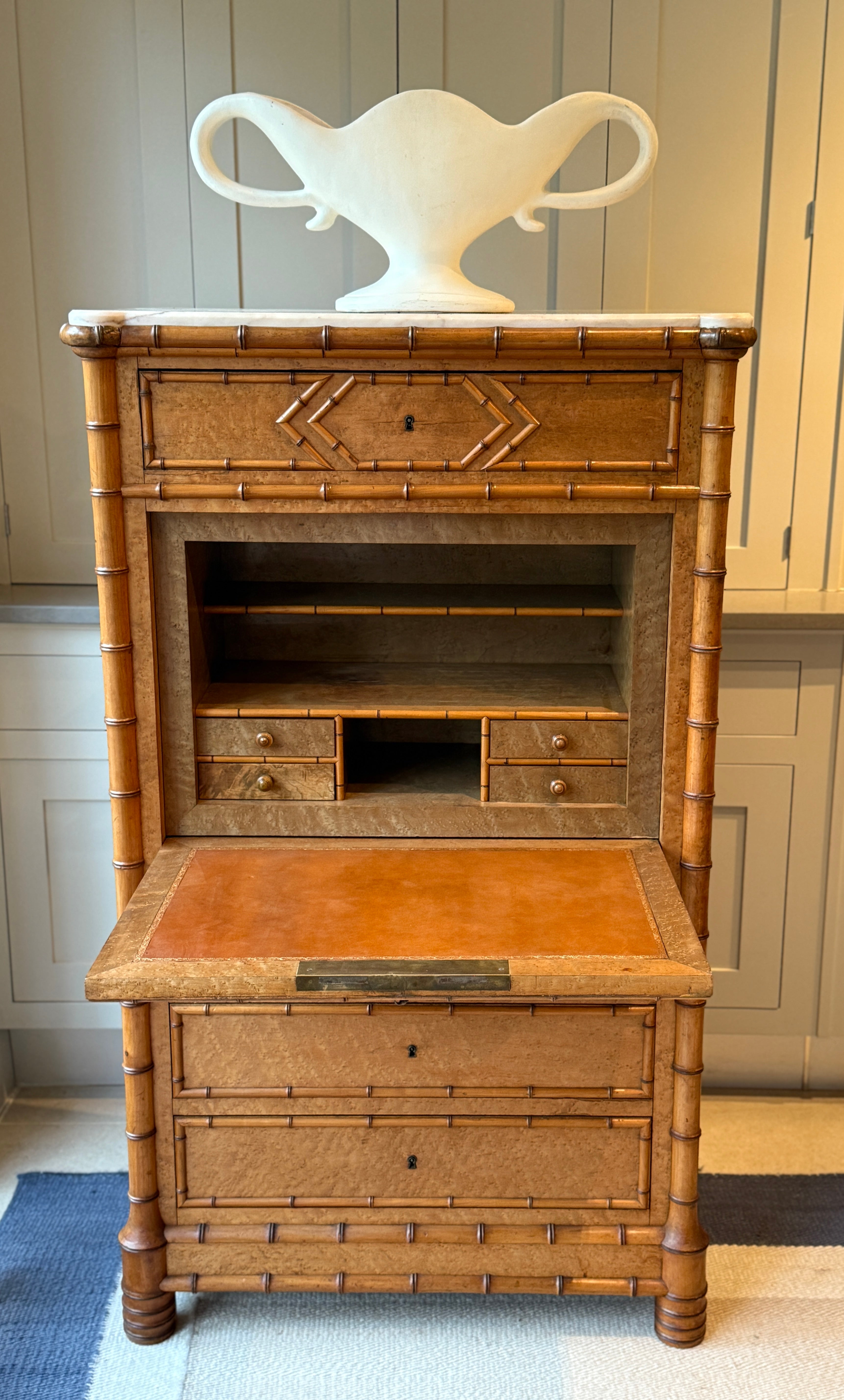 Faux Bamboo Secretaire in Maple and Cherry with Marble Top