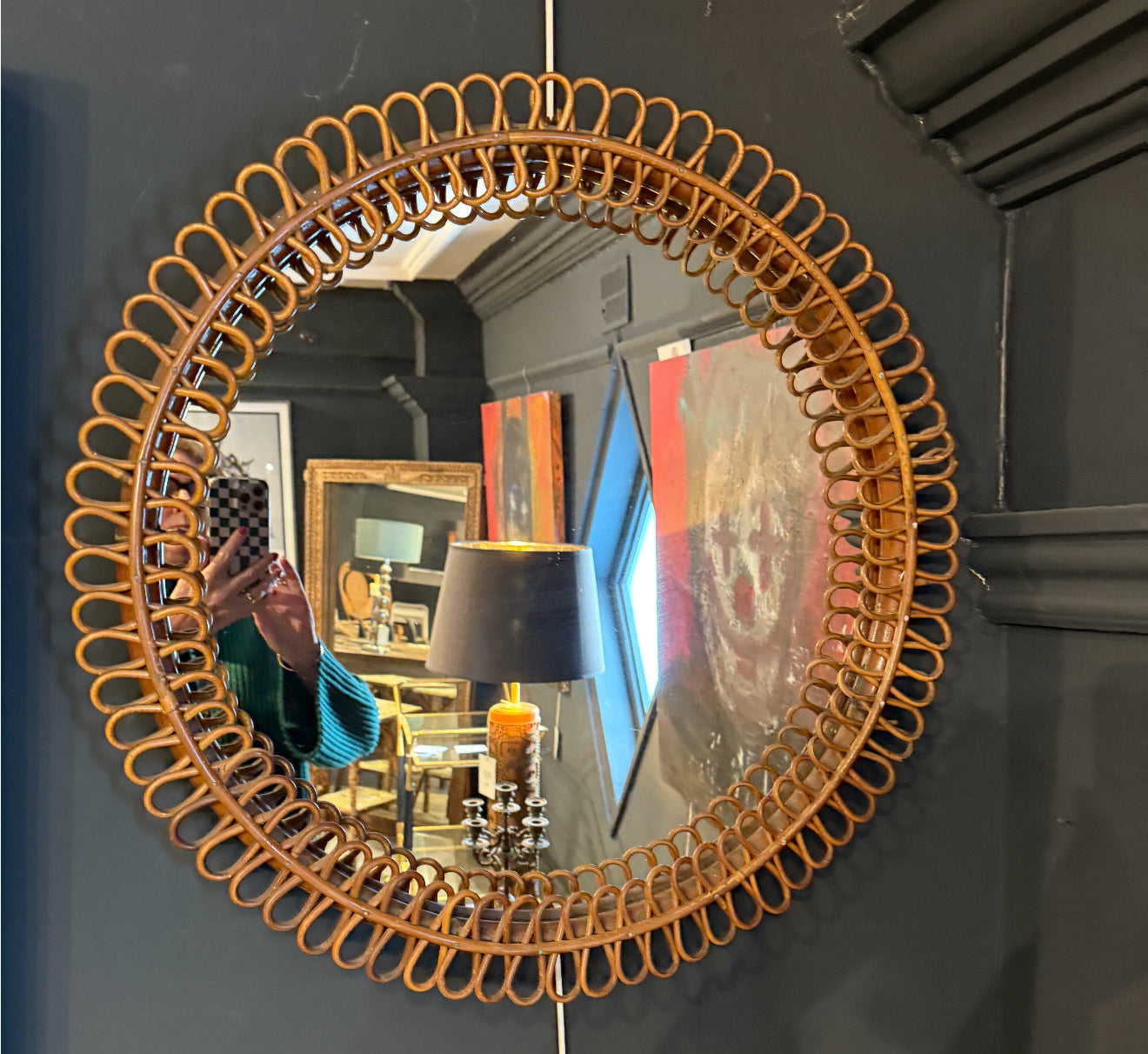 Large Round Mid Century Italian Cane Mirror