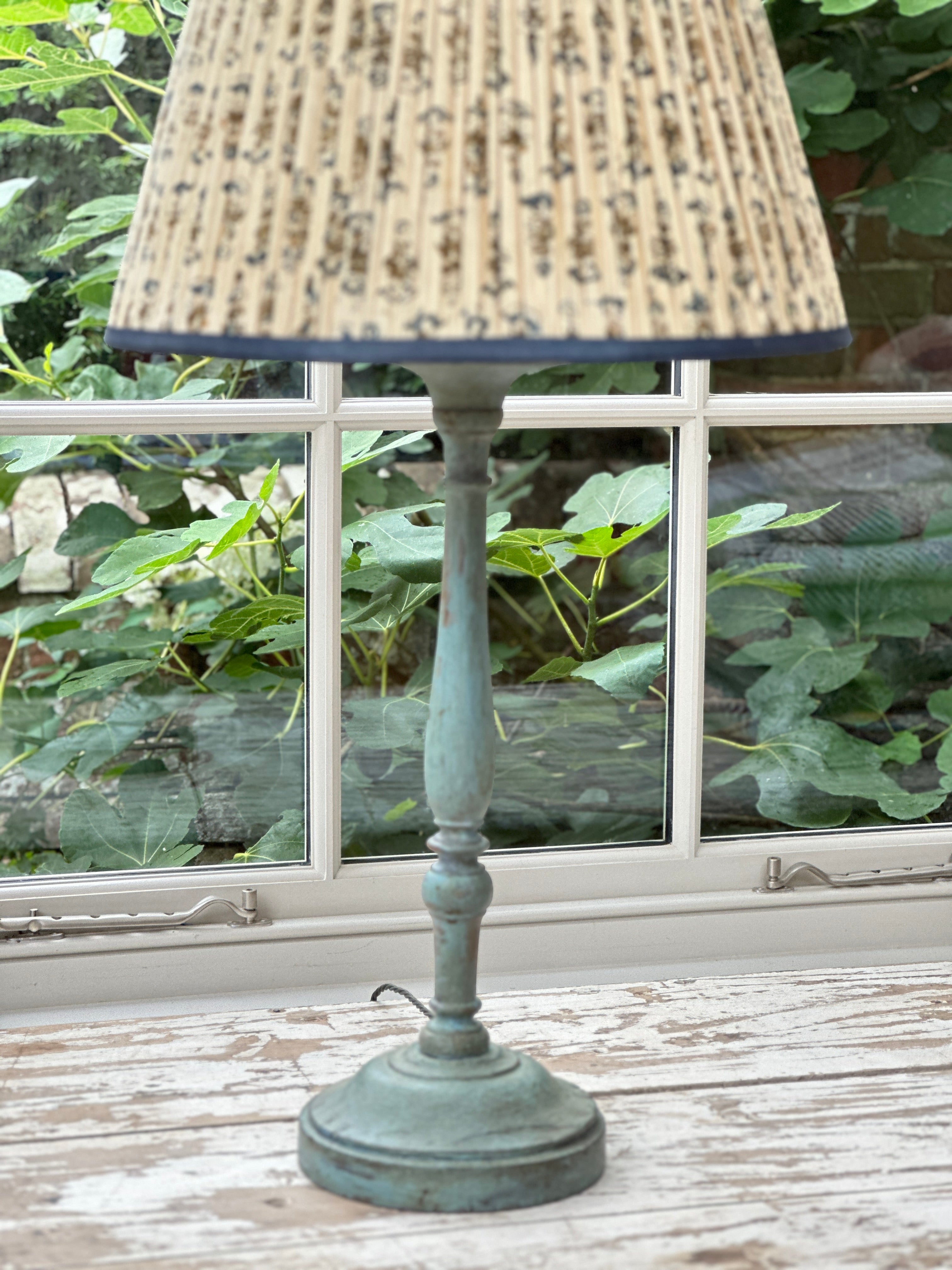 Faded  Blue Painted Pricket Stick Converted to Table Lamp