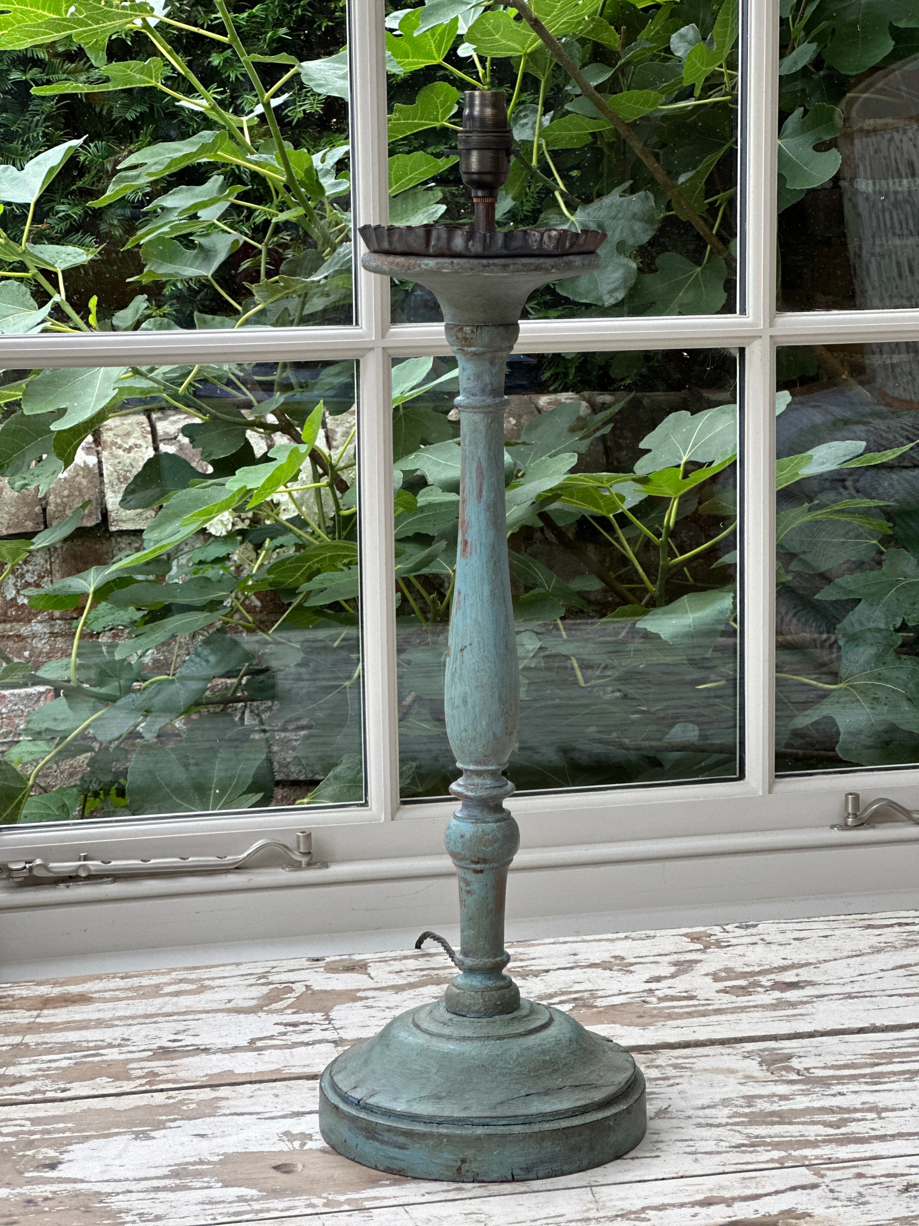 Faded  Blue Painted Pricket Stick Converted to Table Lamp
