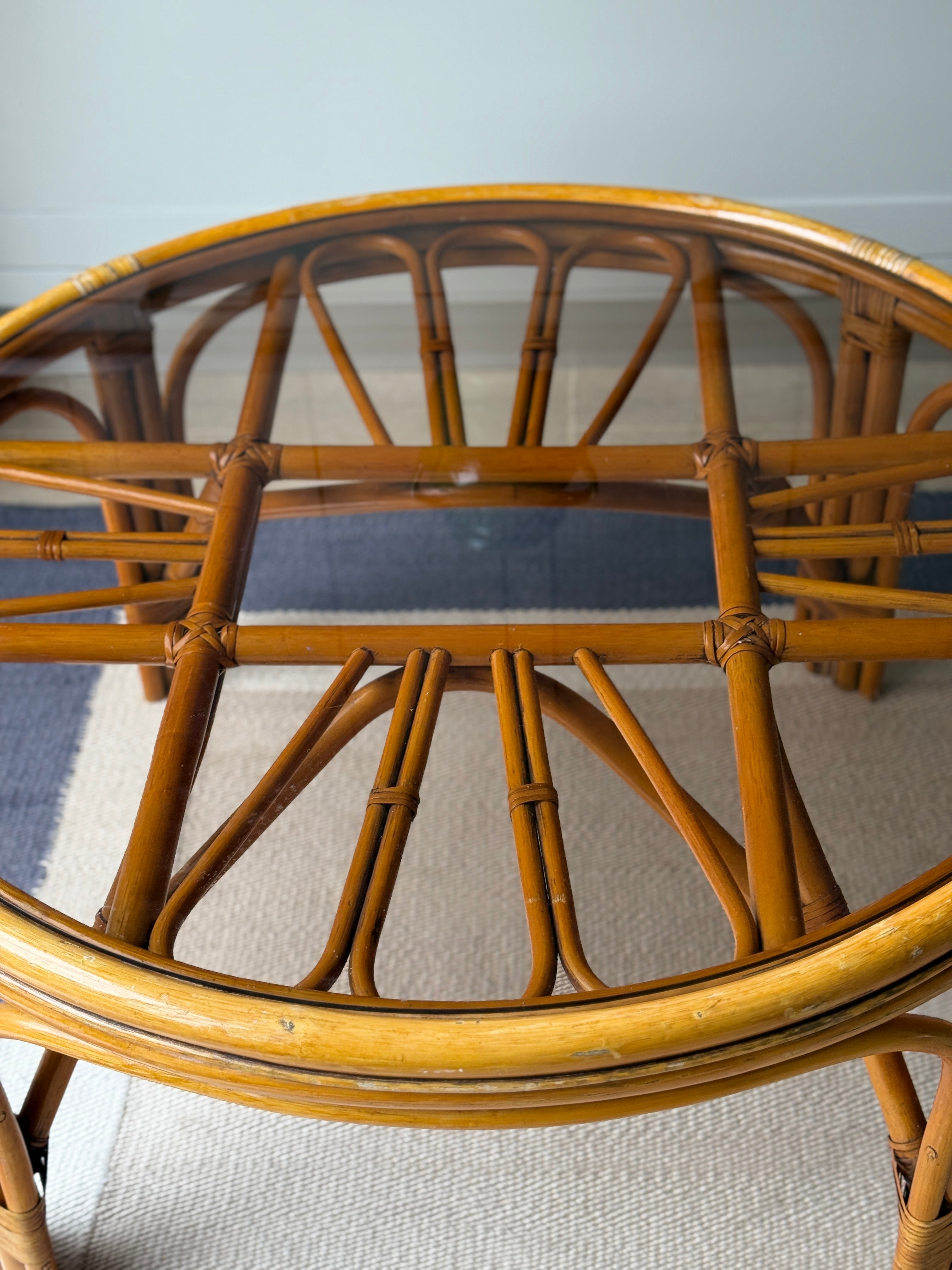 Large Smoky Glass and Cane Coffee Table - 1970s