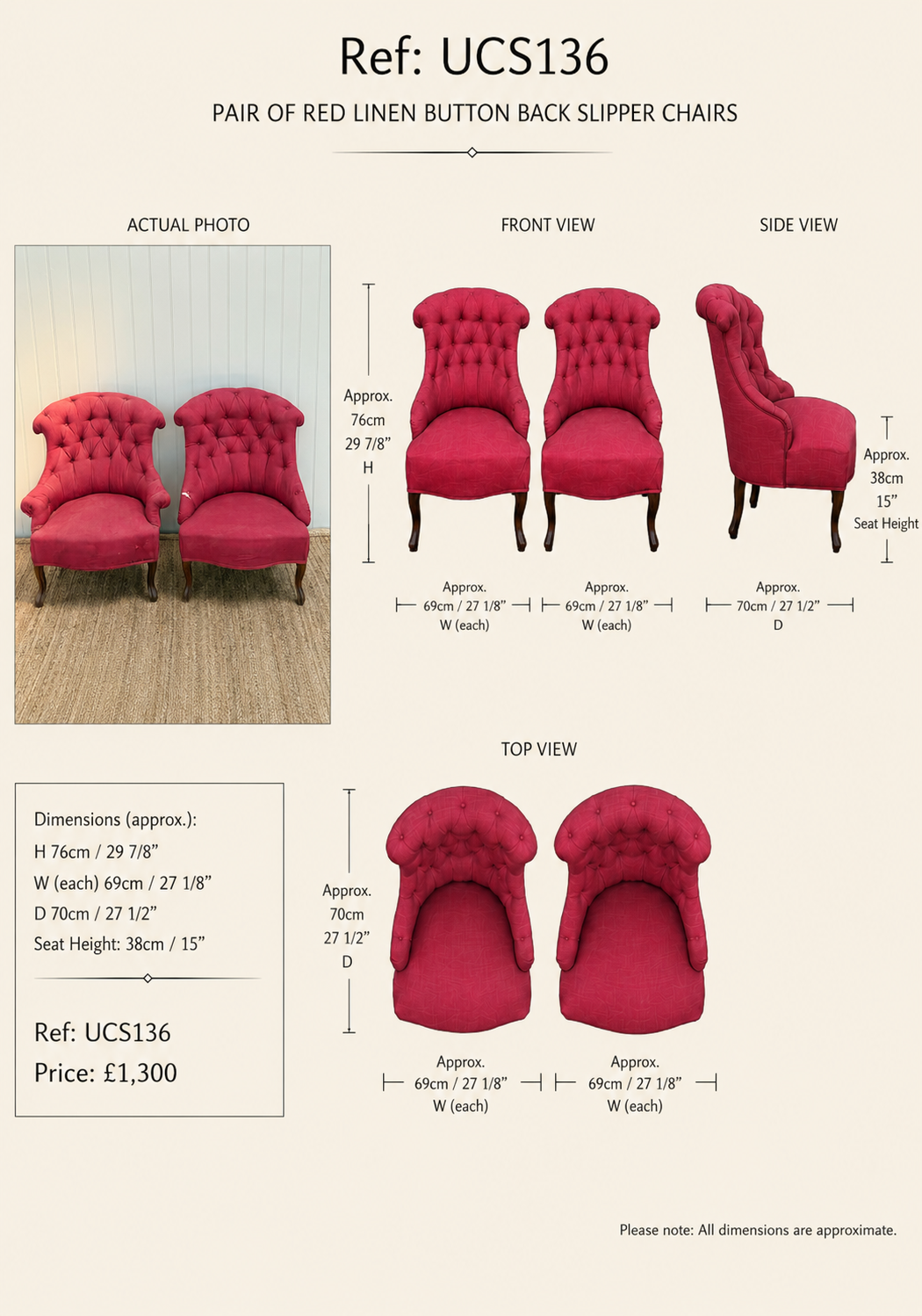Pair of Red Linen Button Back Slipper Chairs