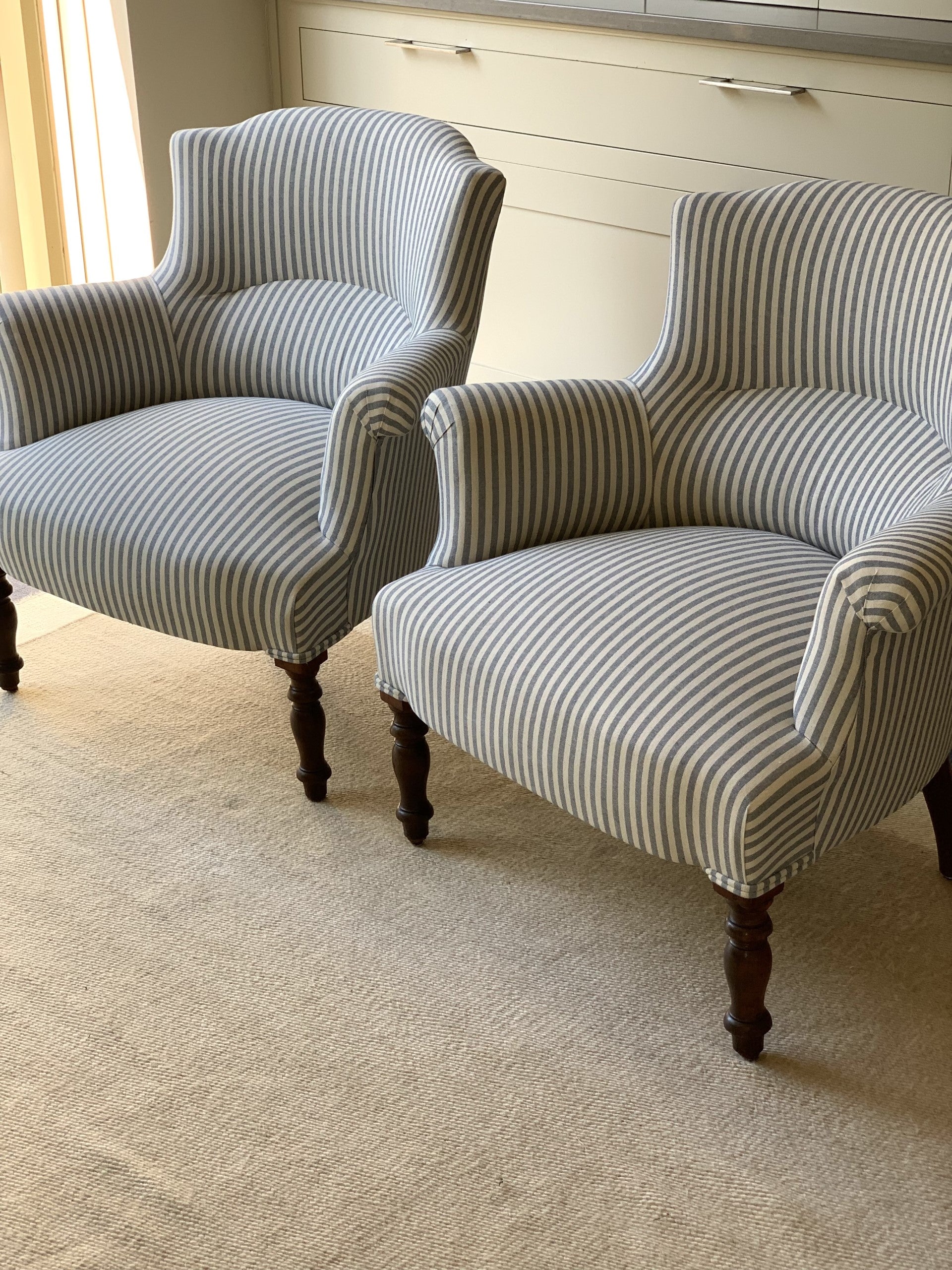 Pair of French Chapeau de Gendarme Chairs in Blue and White Stripe