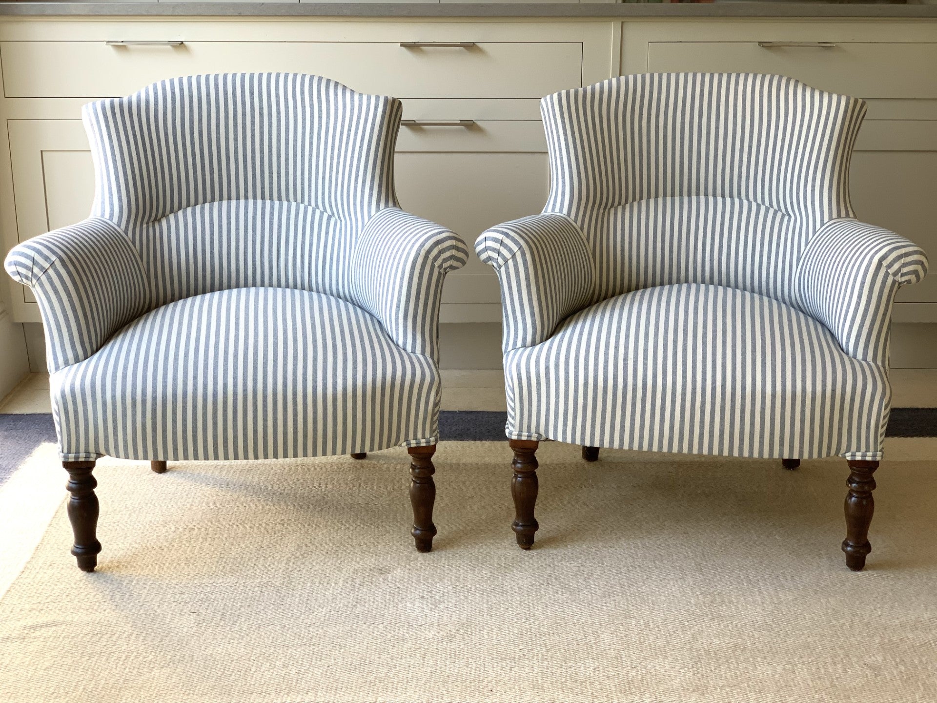 Pair of French Chapeau de Gendarme Chairs in Blue and White Stripe