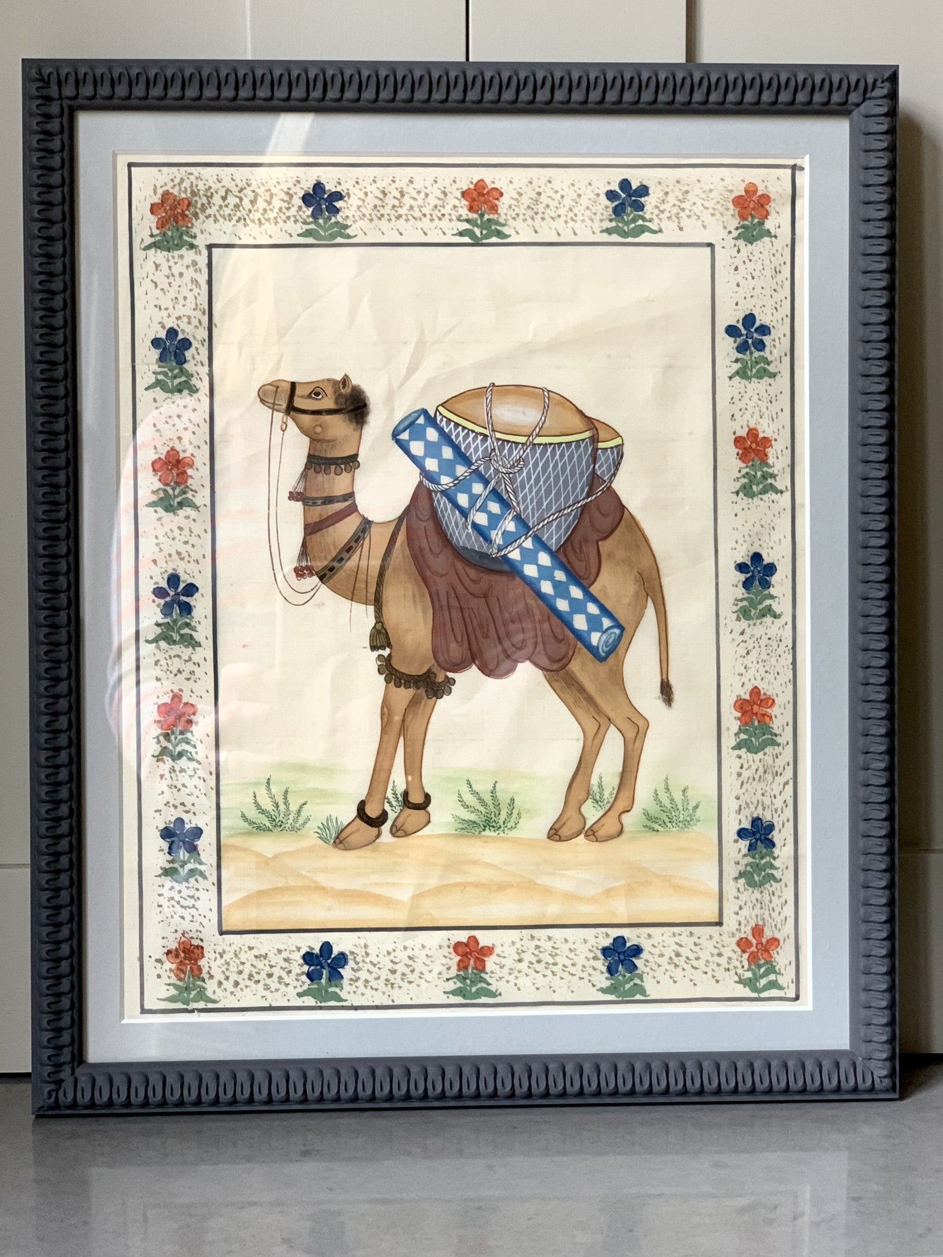 Framed Silk Picture of a Camel.