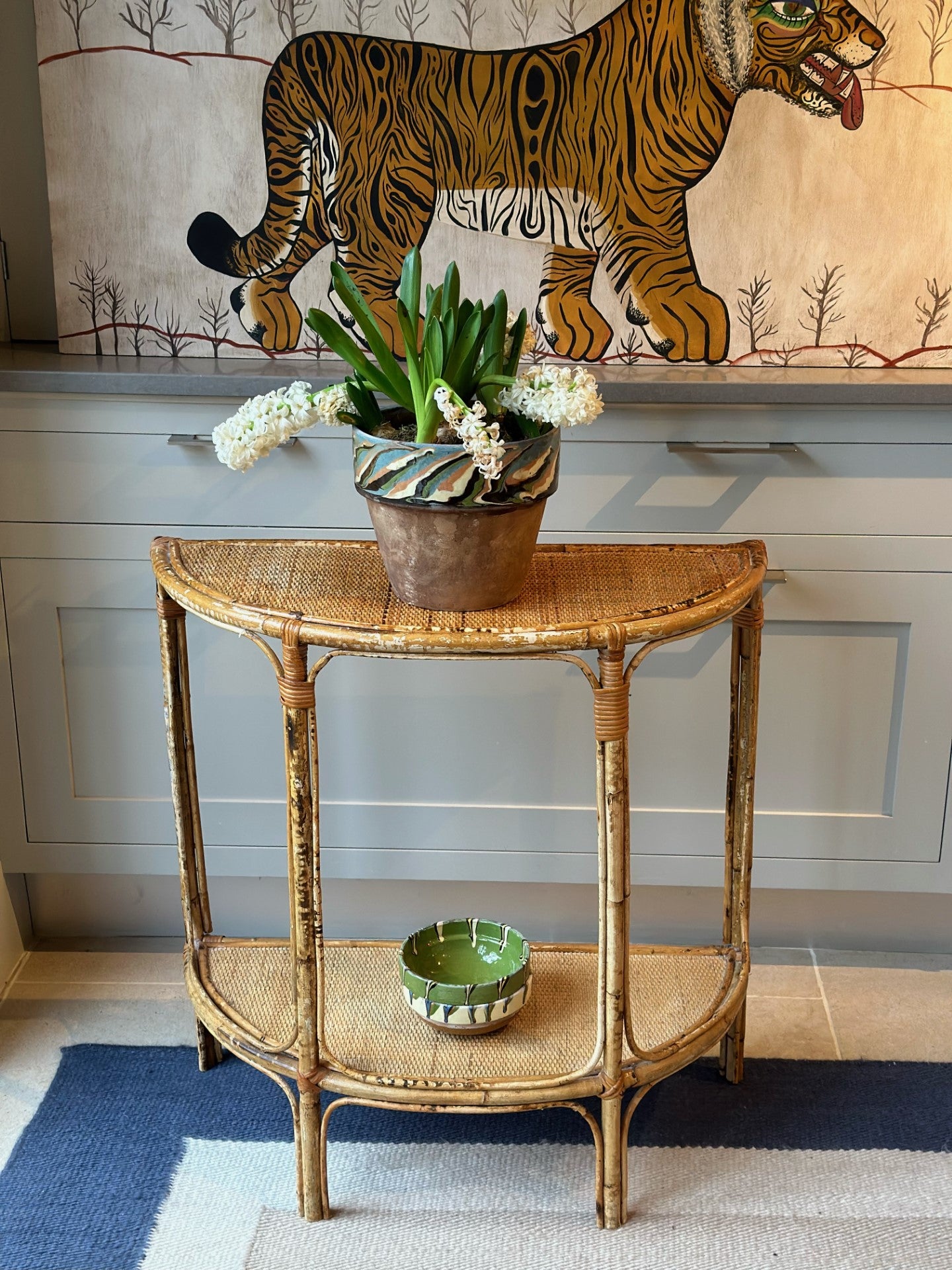 Cane Demi Lune Table with a shelf