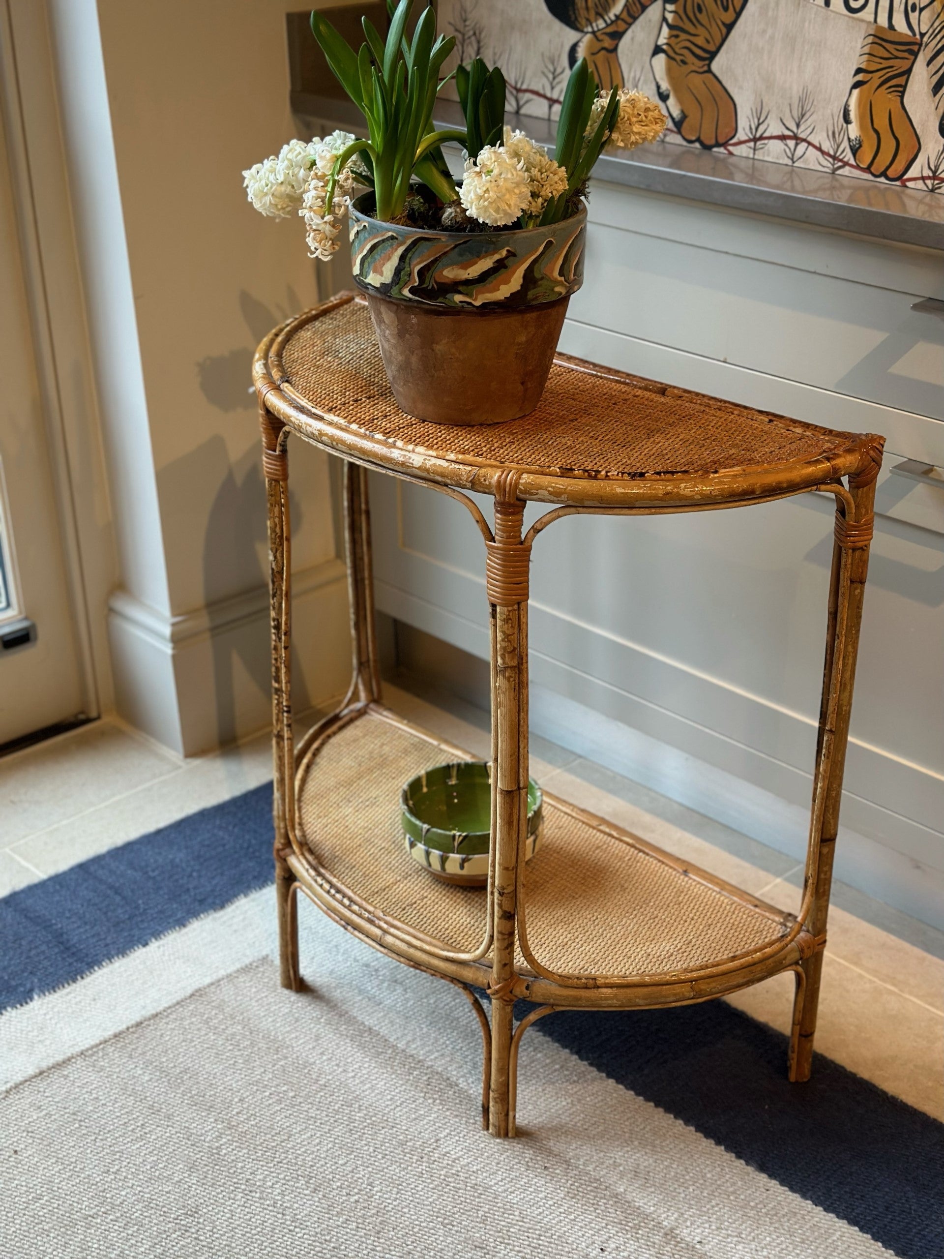 Cane Demi Lune Table with a shelf