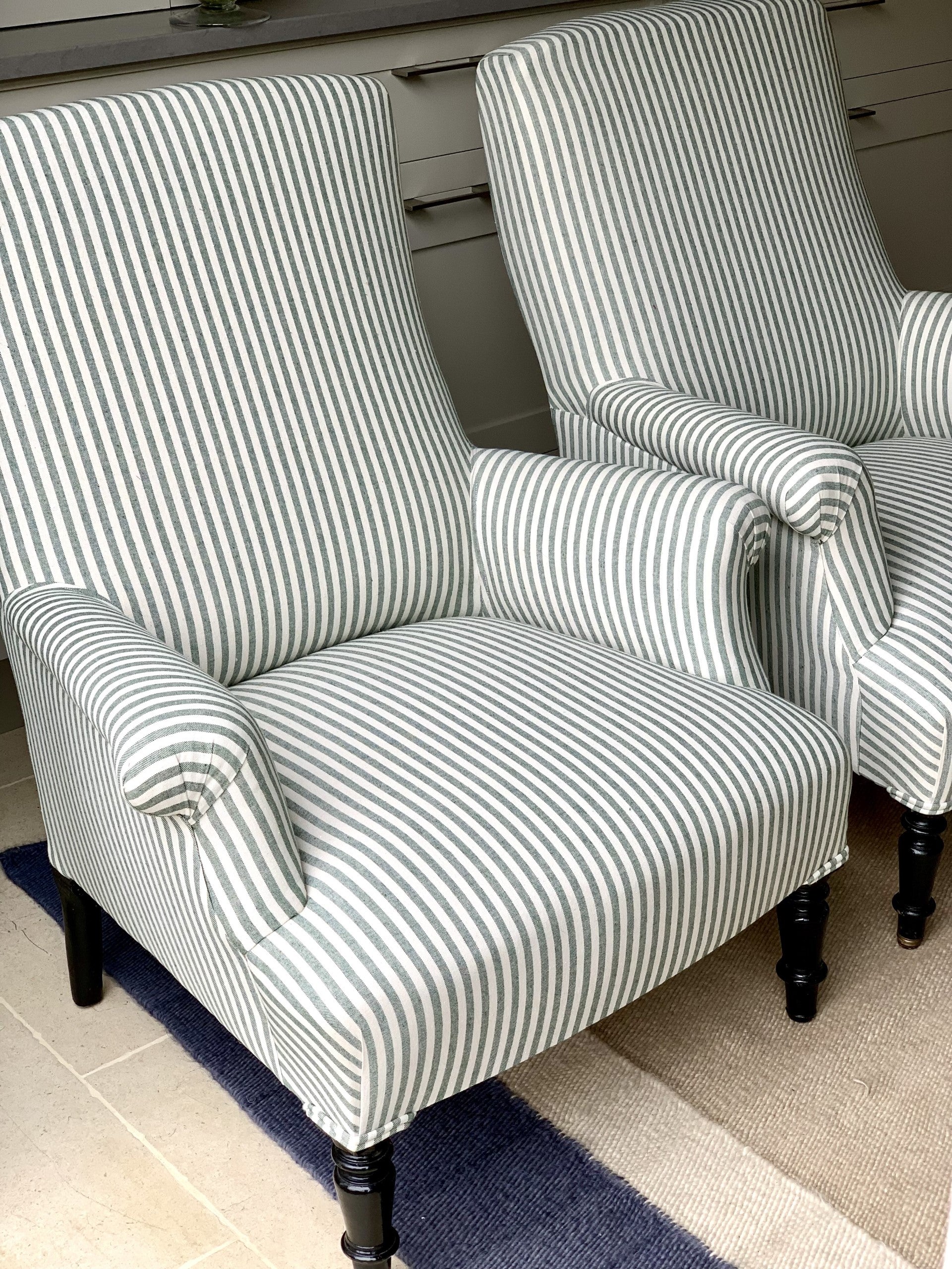 Pair of Nap III Square Back Chairs in Green and White Ticking