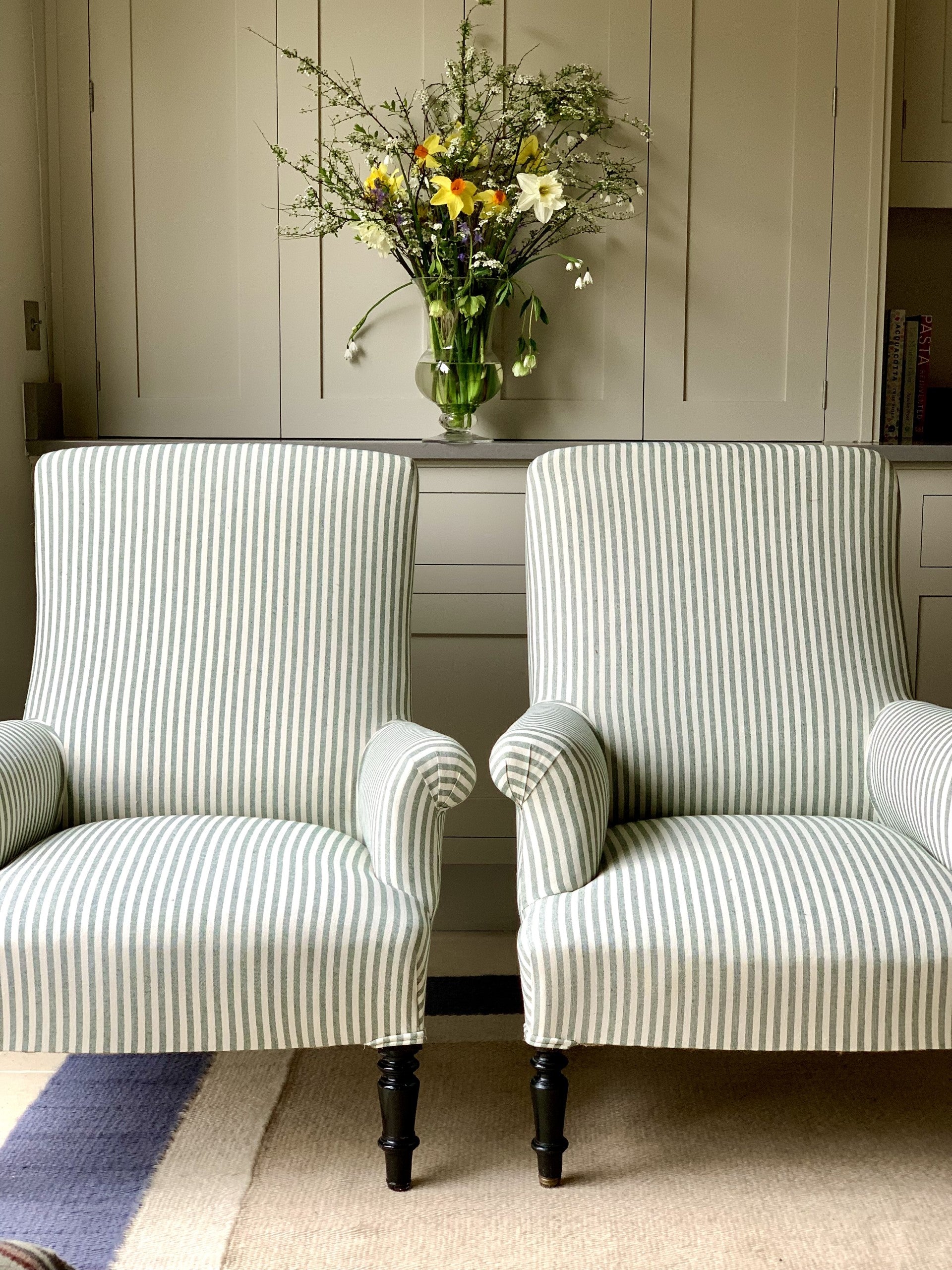 Pair of Nap III Square Back Chairs in Green and White Ticking