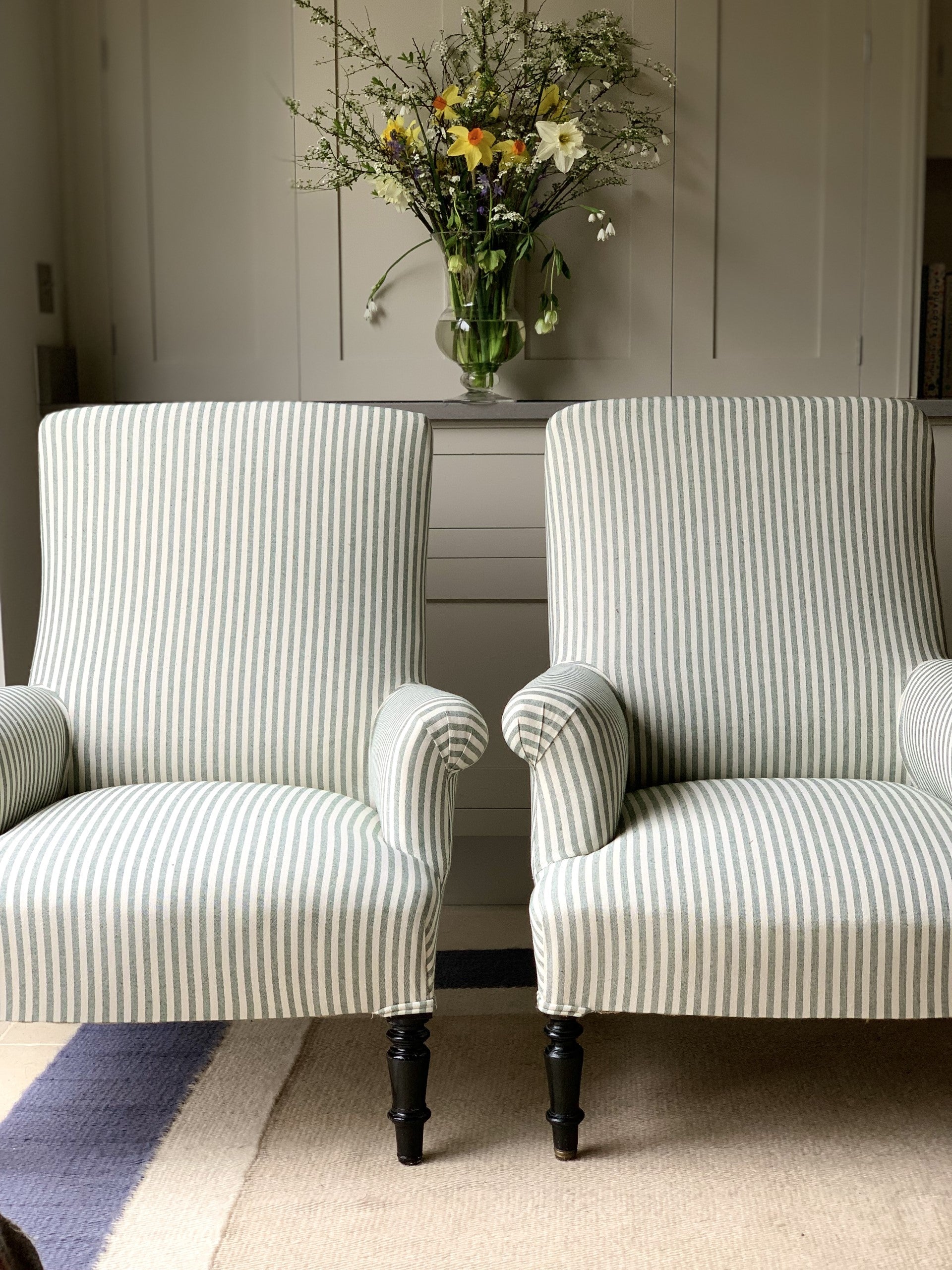 Pair of Nap III Square Back Chairs in Green and White Ticking