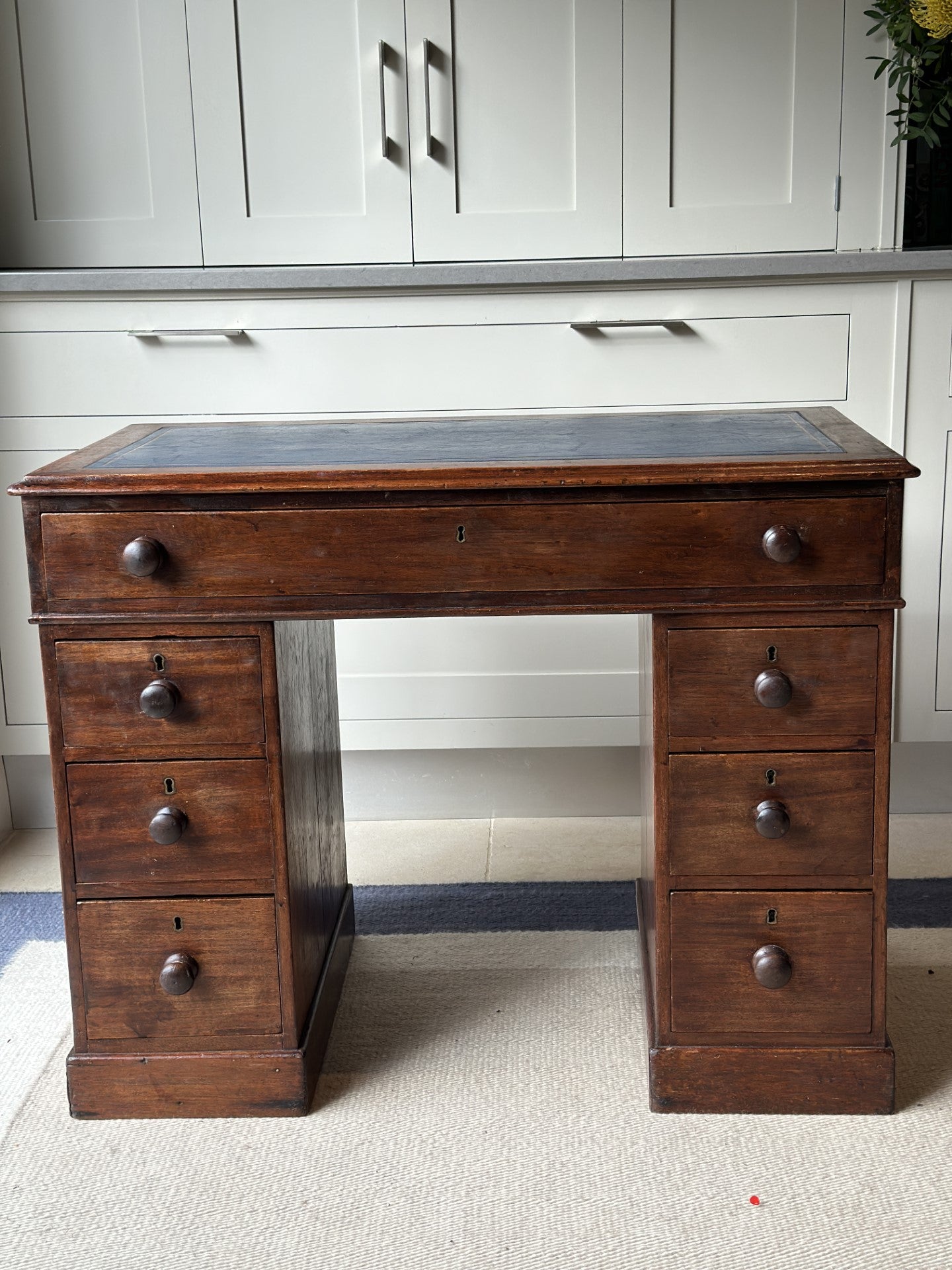 Small Kneehole Desk with more recent navy blue leather top