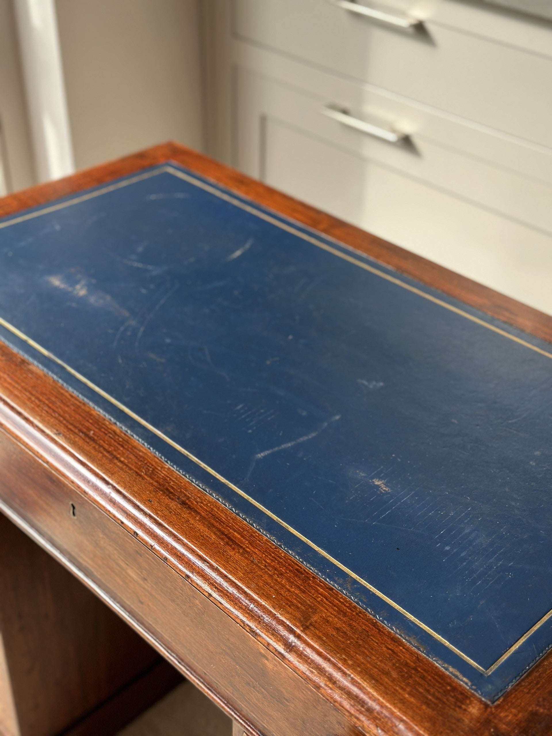 Small Kneehole Desk with more recent navy blue leather top
