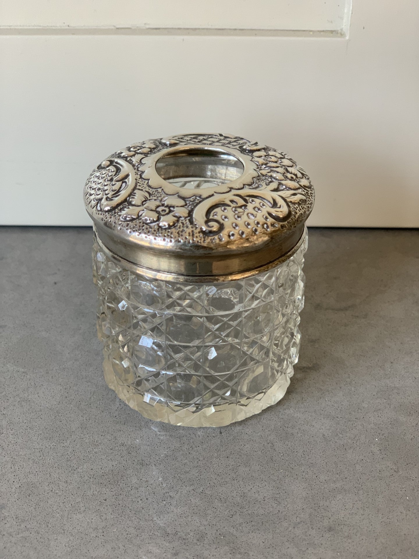 Silver & Cut Glass Pin Holder / Diffuser with Decorative Silver Top