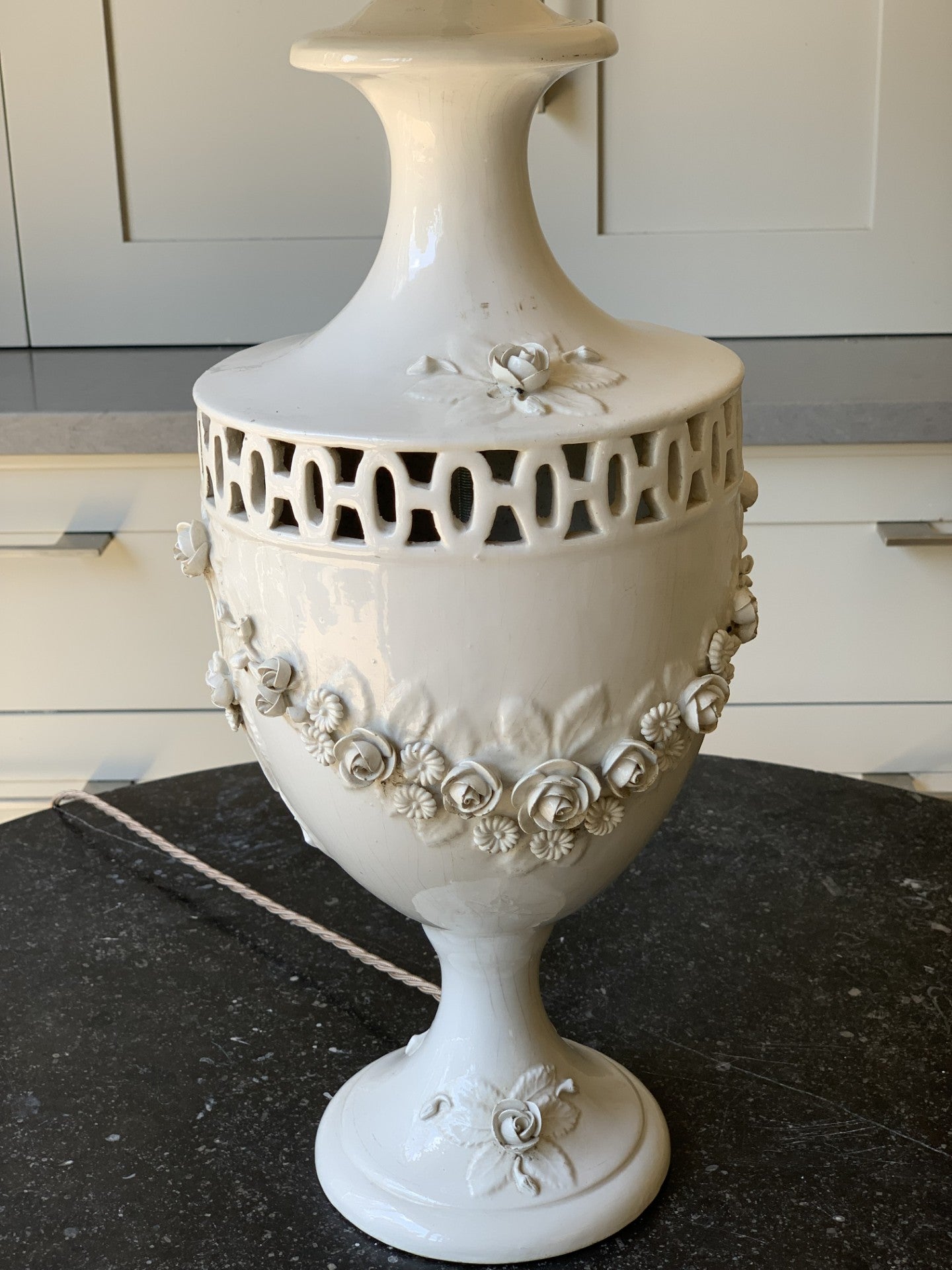 French White Ceramic Table Lamp with Floral Detailing