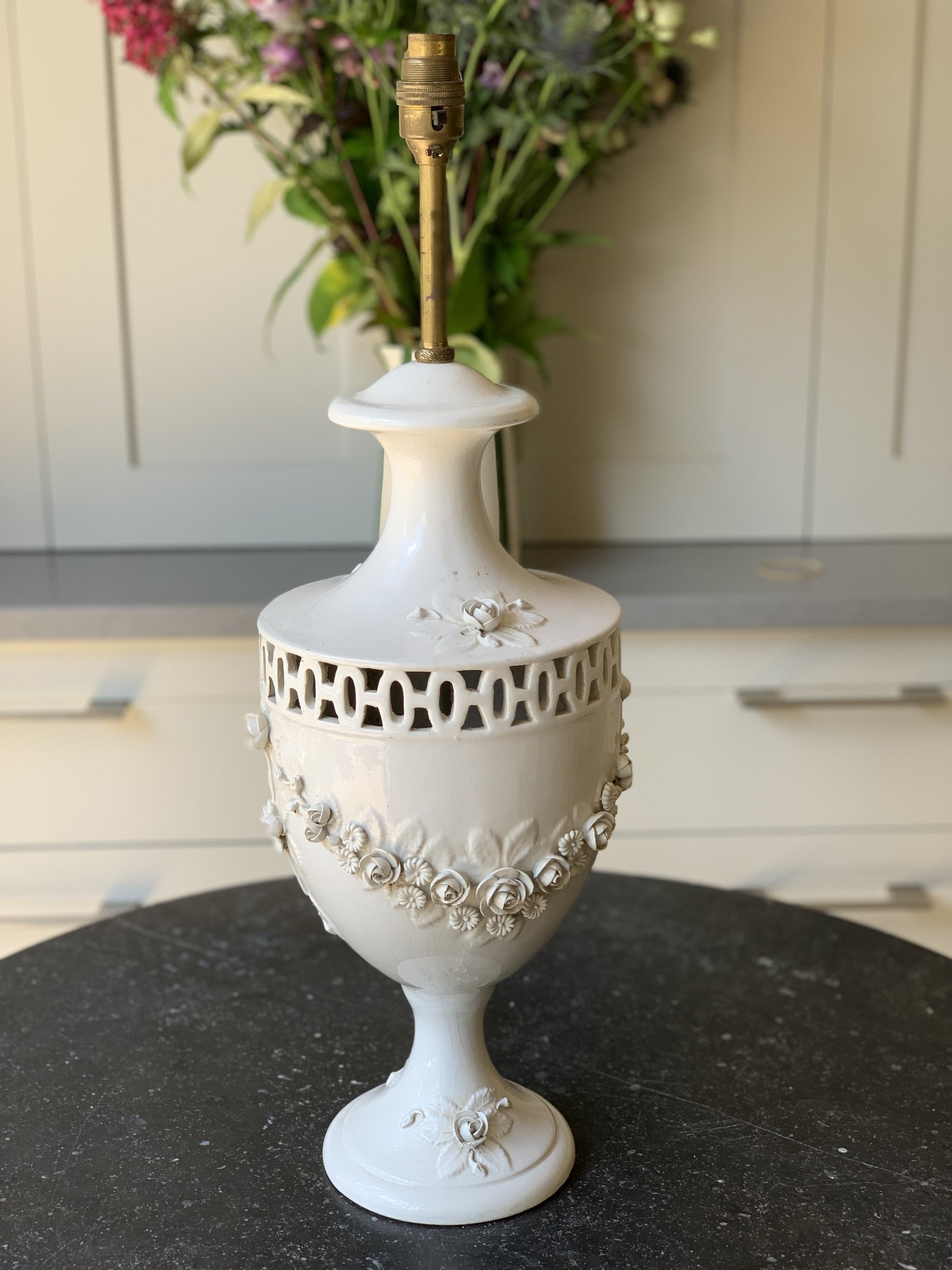 French White Ceramic Table Lamp with Floral Detailing