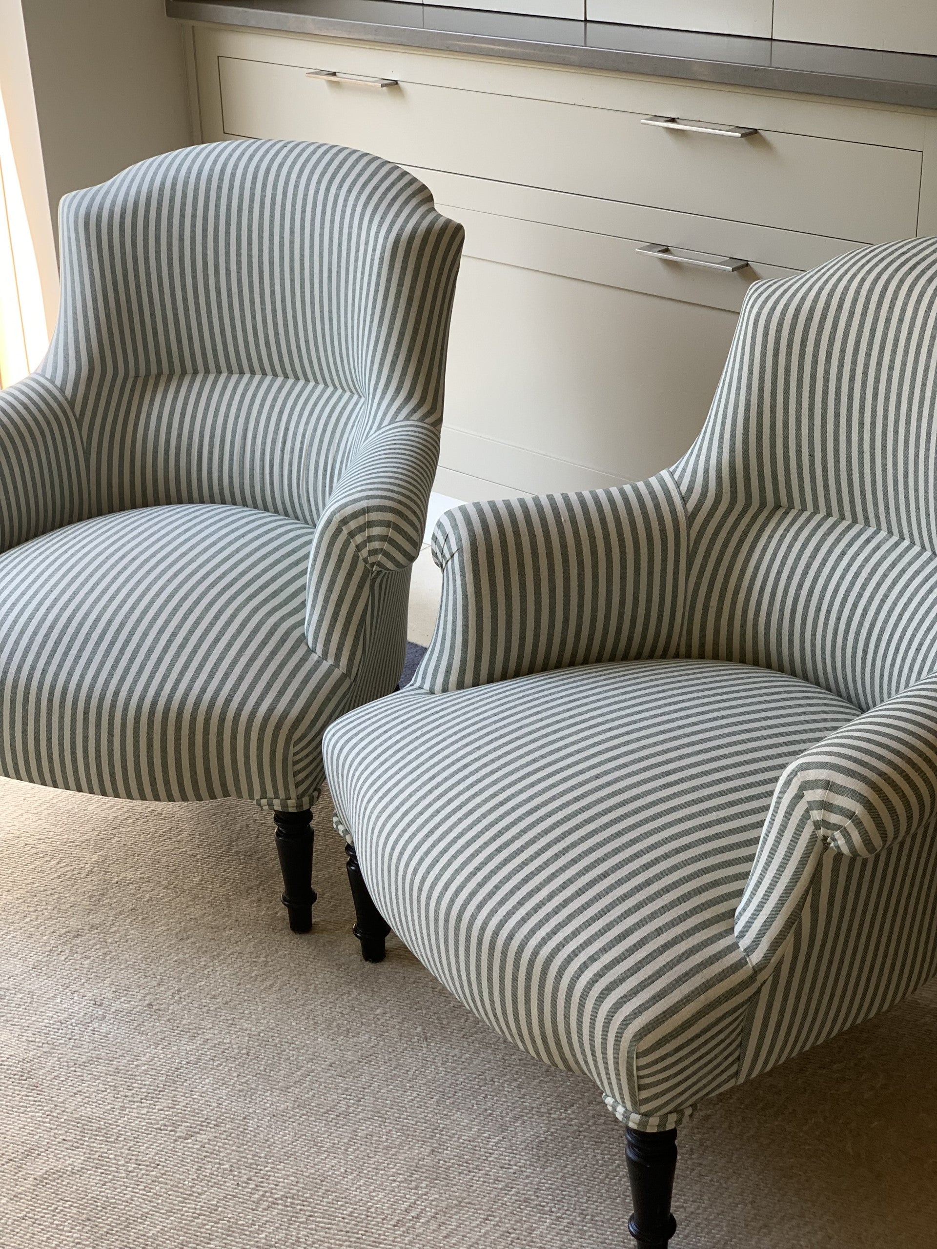 Pair of Crapaud Chairs in Green and White Stripe