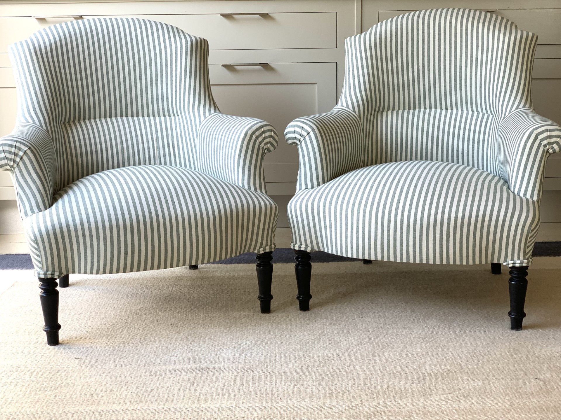 Pair of Crapaud Chairs in Green and White Stripe