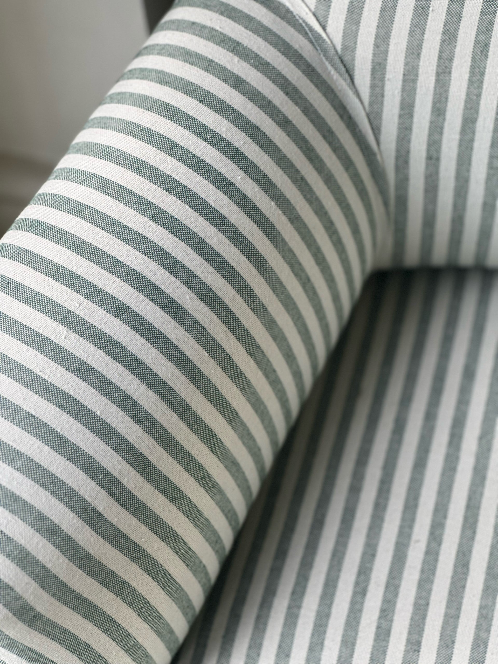 Pair of Nap III Square Back Chairs Reupholstered in our Green and White Ticking with Gorgeous Oak Legs.