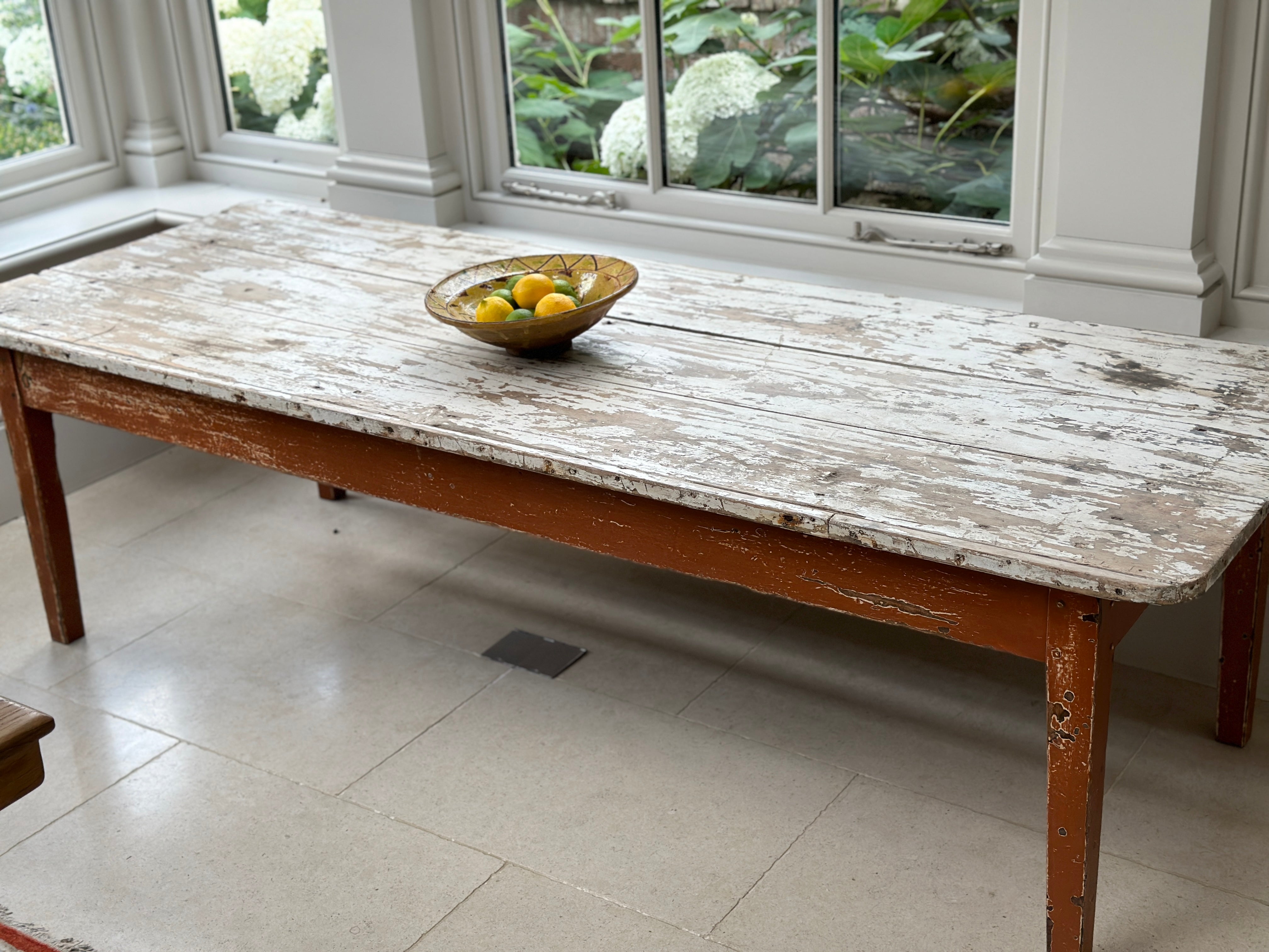 Large Rustic French Pine Coffee Table with Original Painted Base