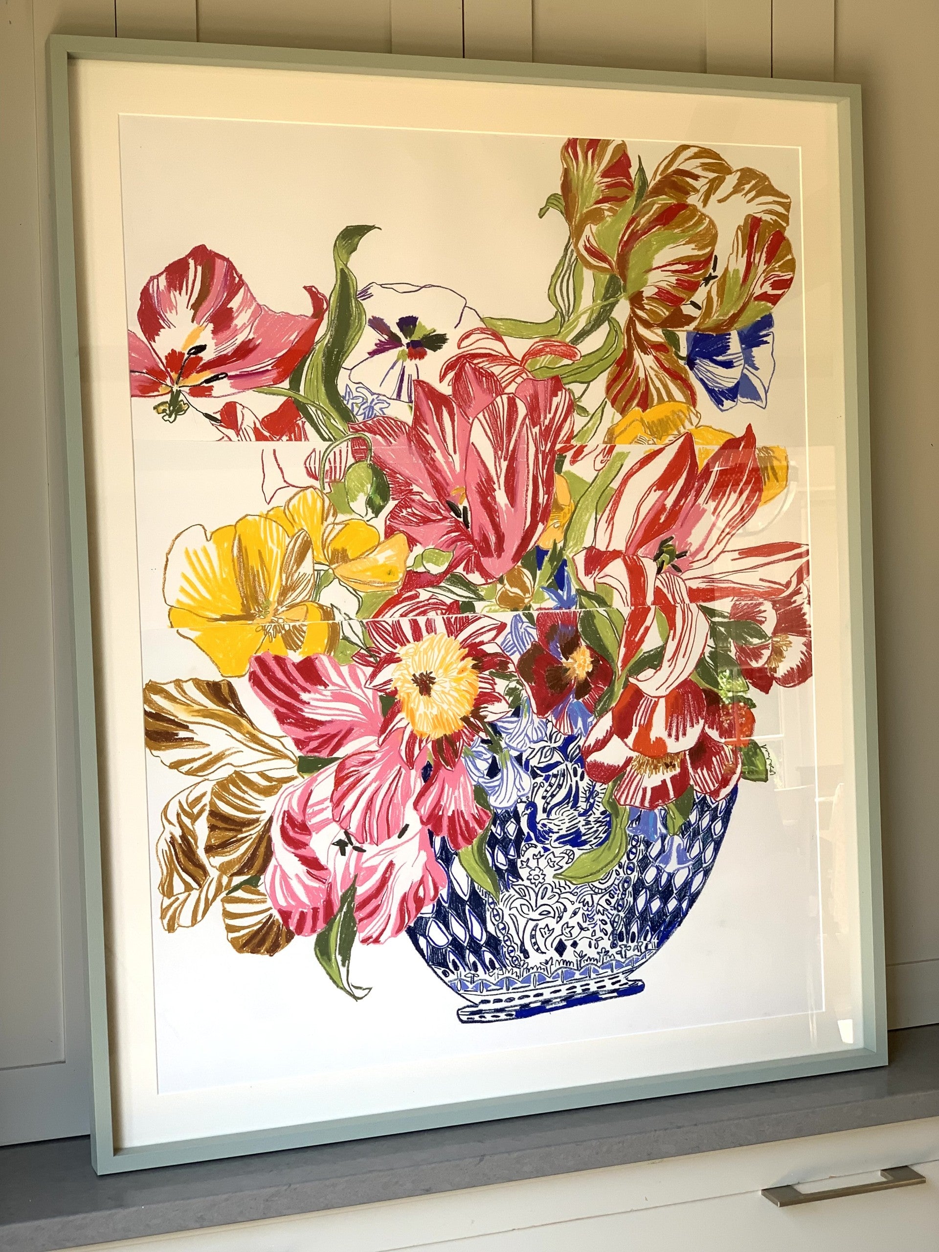 Ochre and Red Tulips - Delft Pot Oil Pastel Collaged by Isabel Fishlock